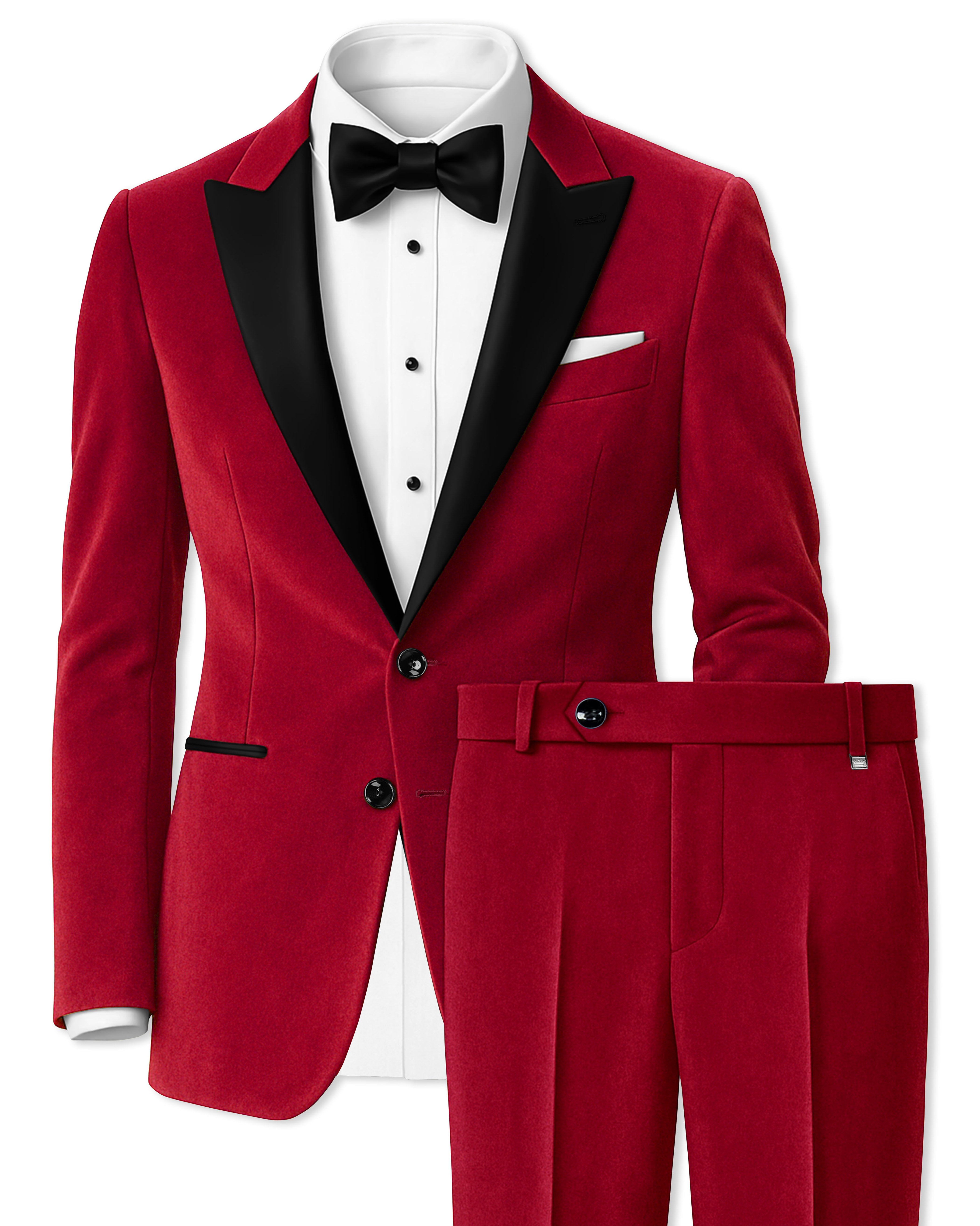 Rubivell-Carmine Red Velvet Peak Lapel Tuxedo Suit