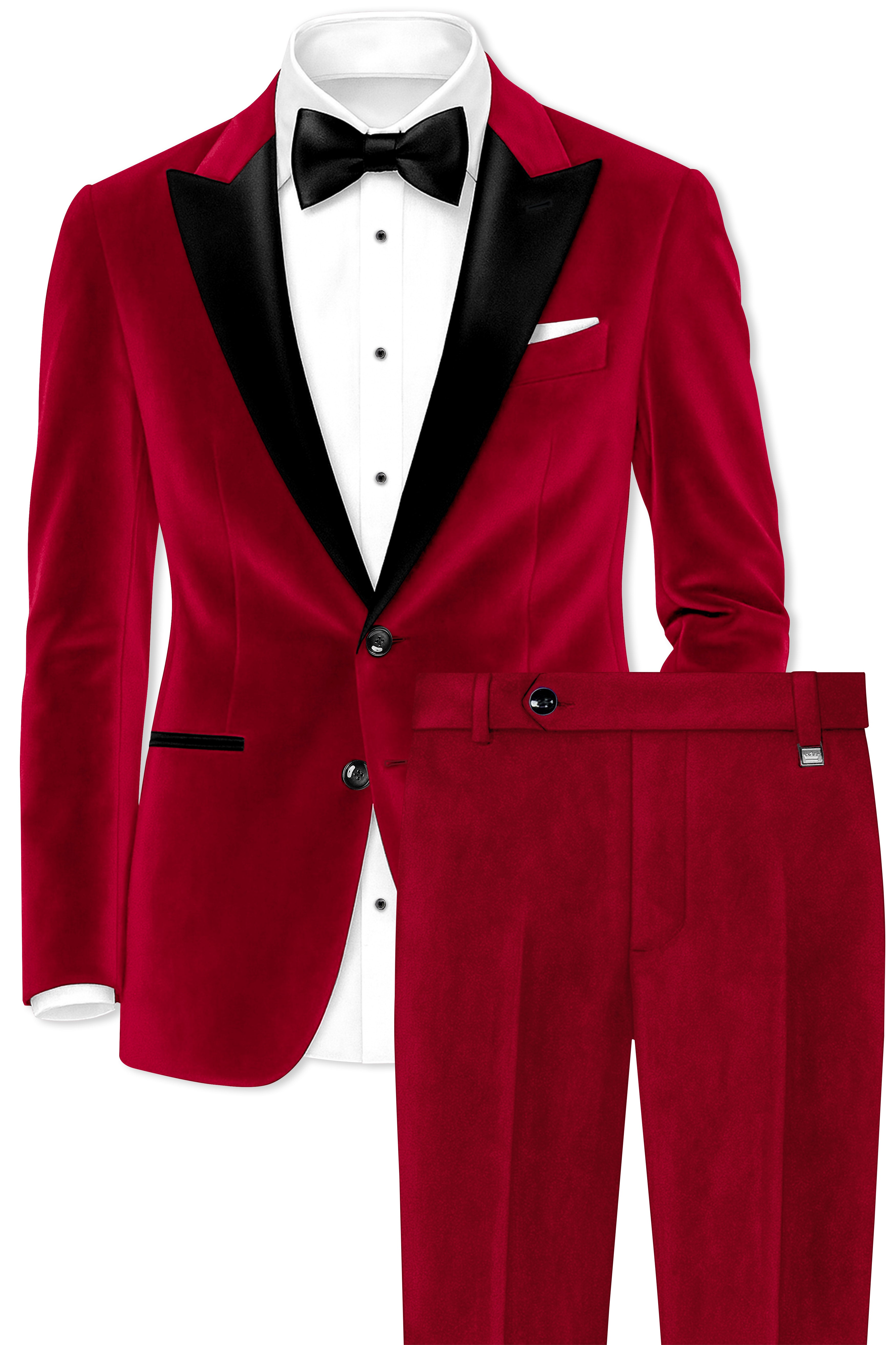 Rubivell-Carmine Red Velvet Peak Lapel Tuxedo Suit