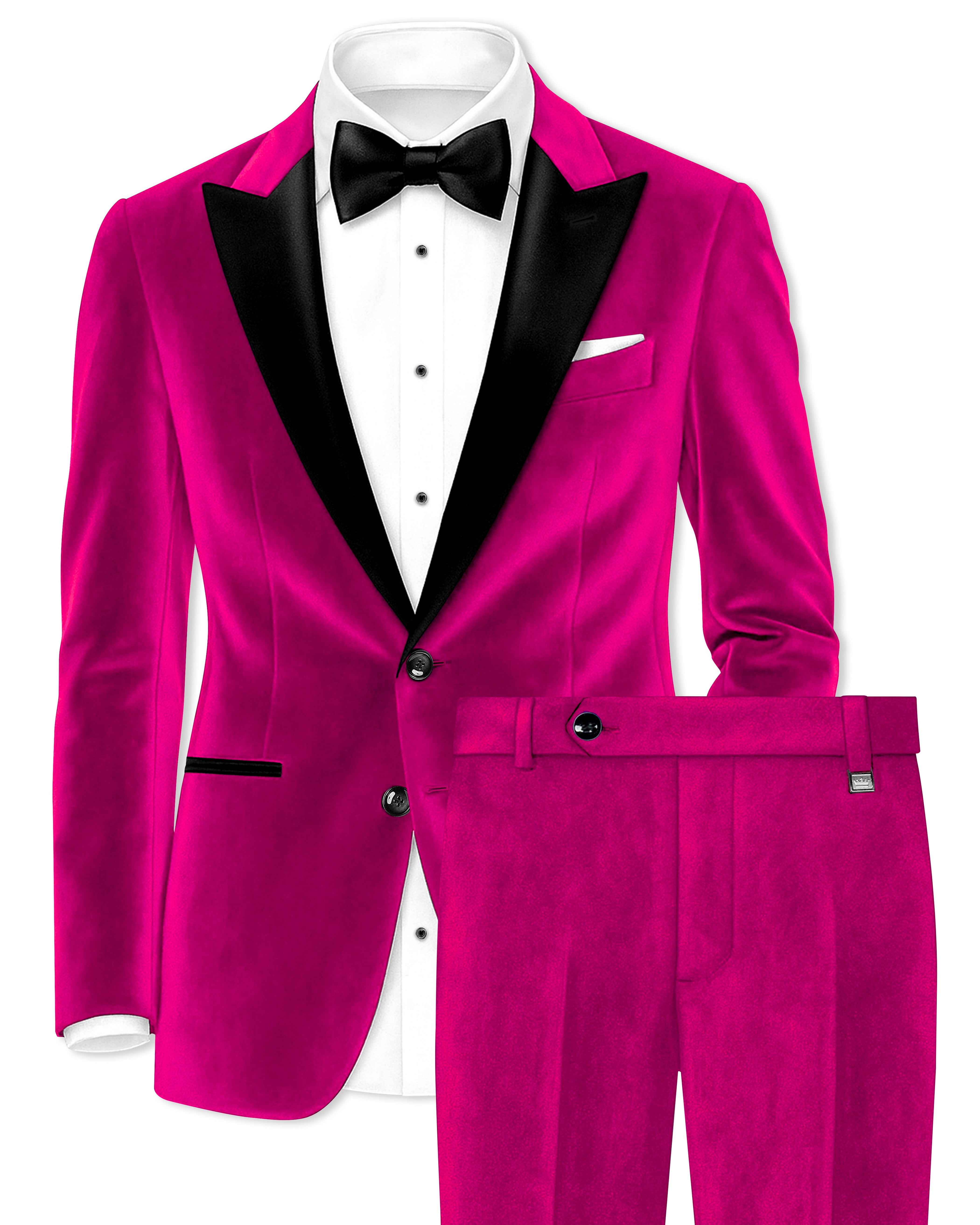 Rosivell-Fuchsia Pink Velvet Peak Lapel Tuxedo Suit