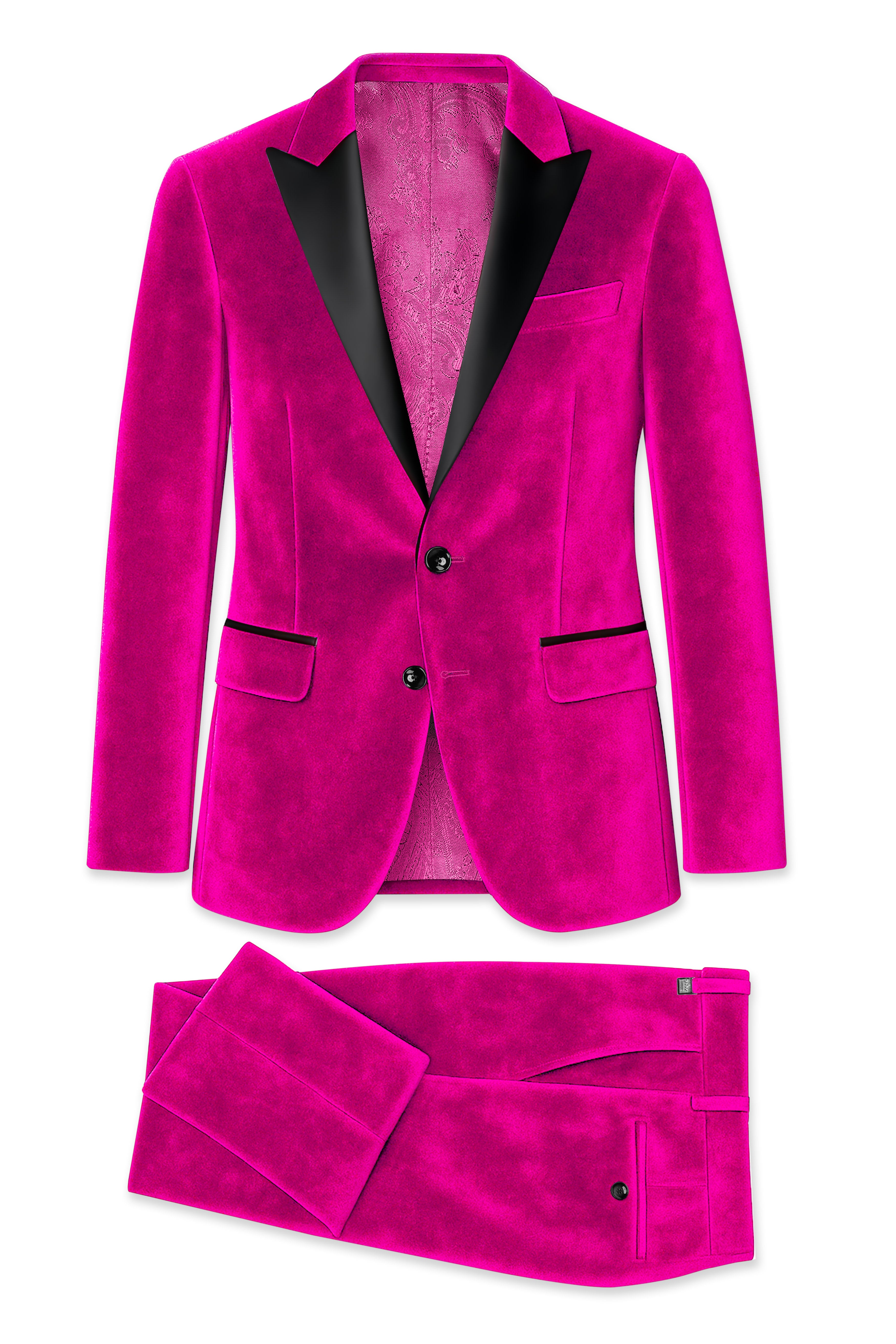 Rosivell-Fuchsia Pink Velvet Peak Lapel Tuxedo Suit