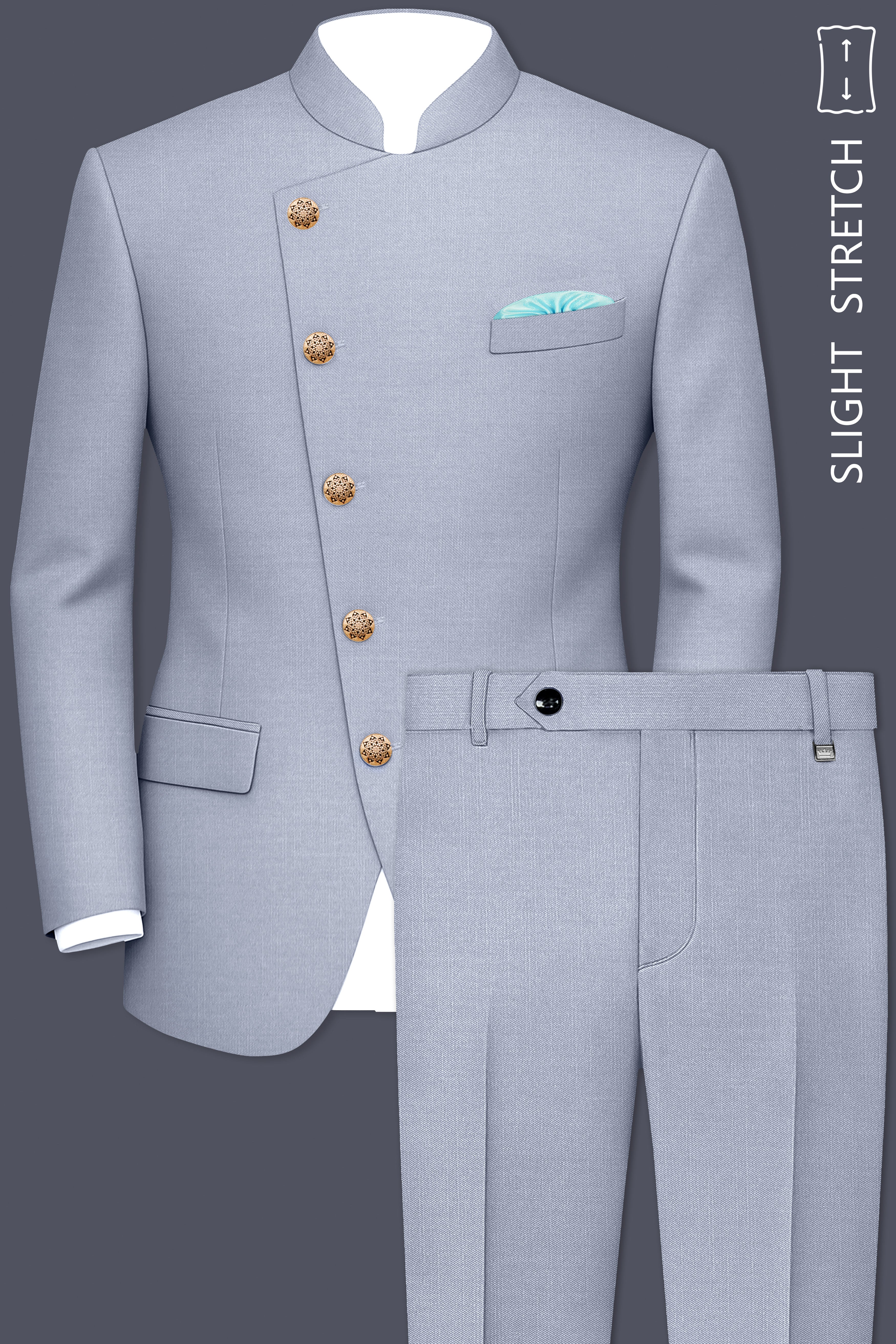 Mistivell-Mountain Mist Gray Wool Rich Cross Placket Bandhgala Stretchable traveler Suit