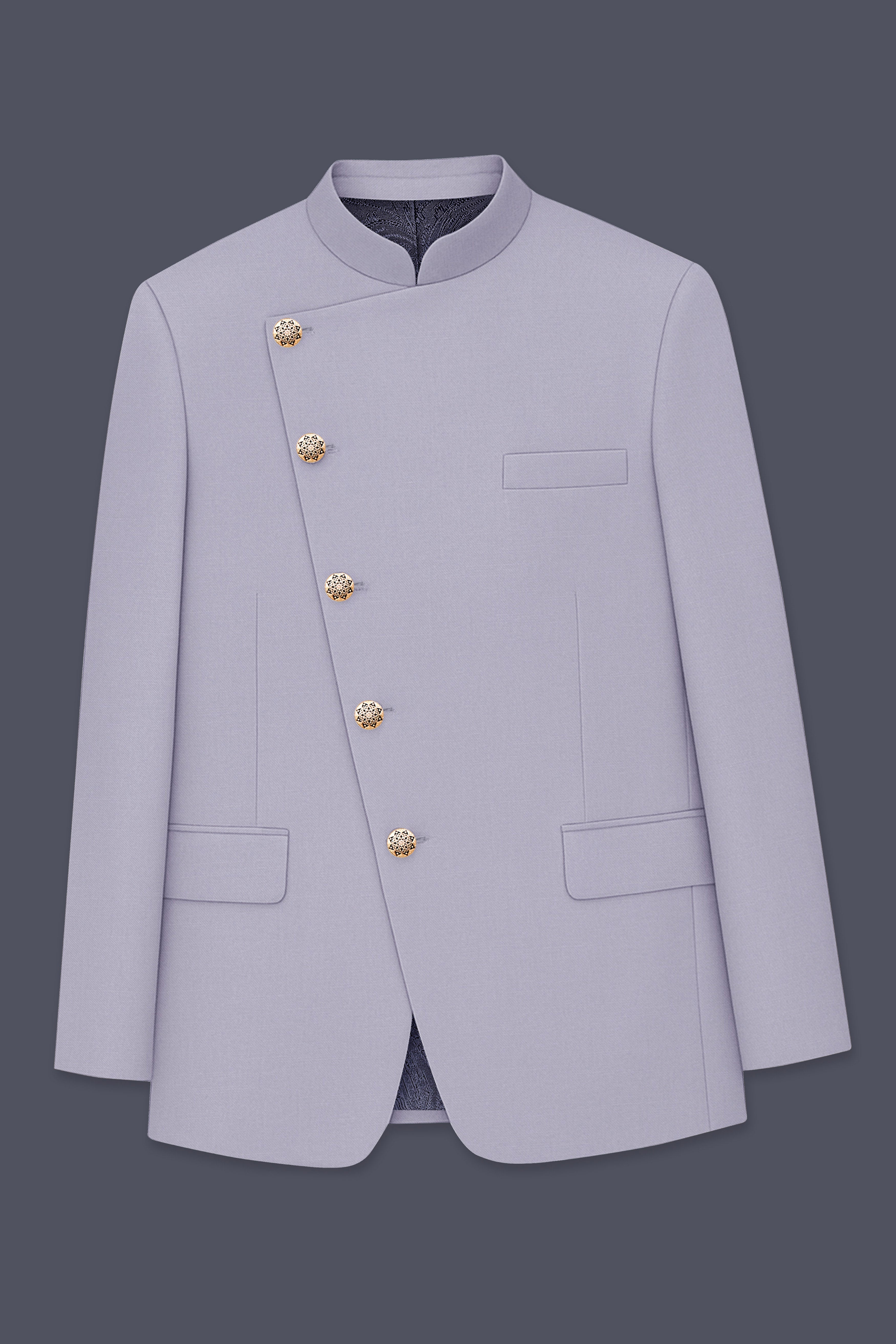 Mistivell-Mountain Mist Gray Wool Rich Cross Placket Bandhgala Stretchable traveler Suit