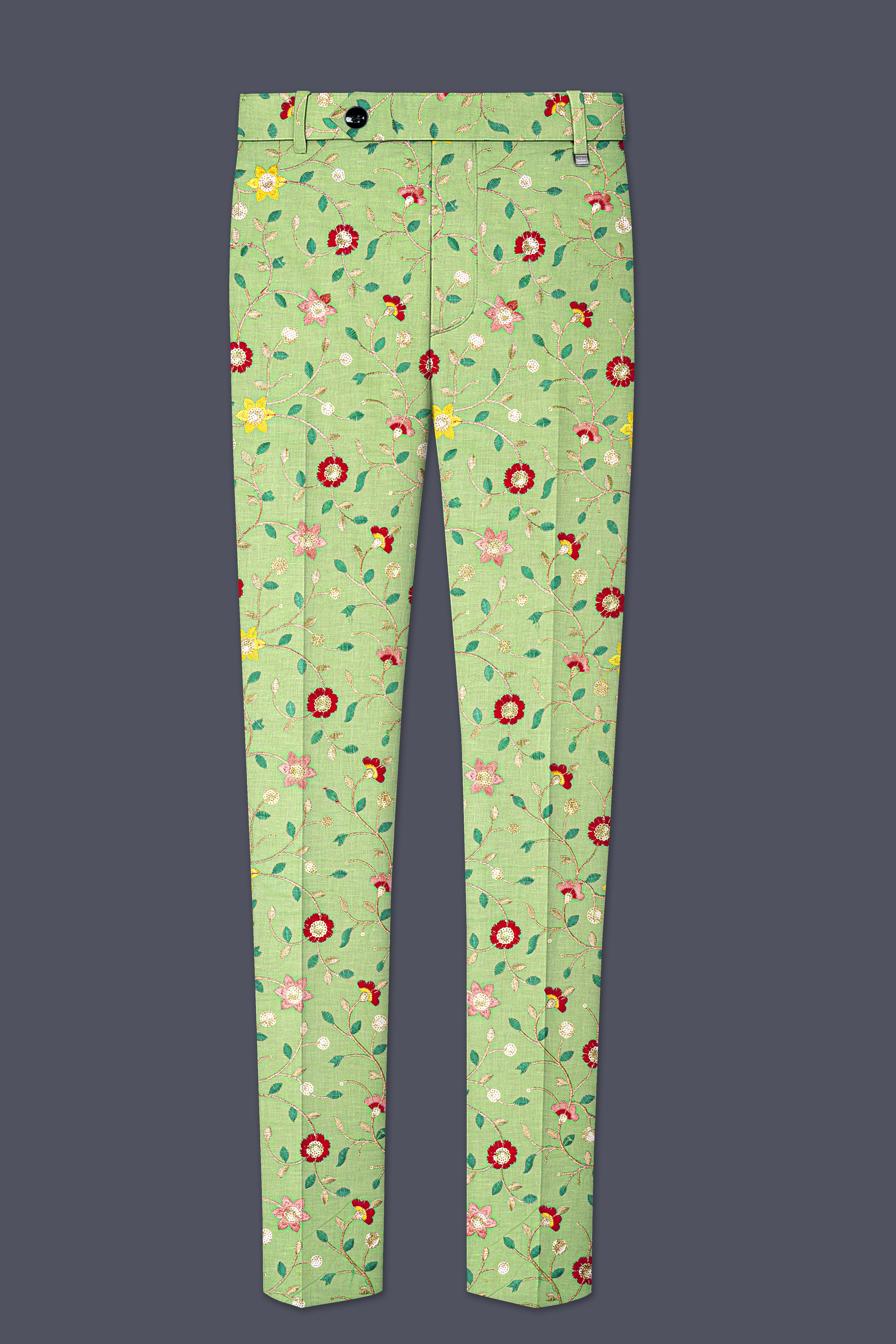 Verdoria-Hampton Green and Beryl Red Floral Multicolour Cotton Thread Embroidered Designer Tuxedo Suit