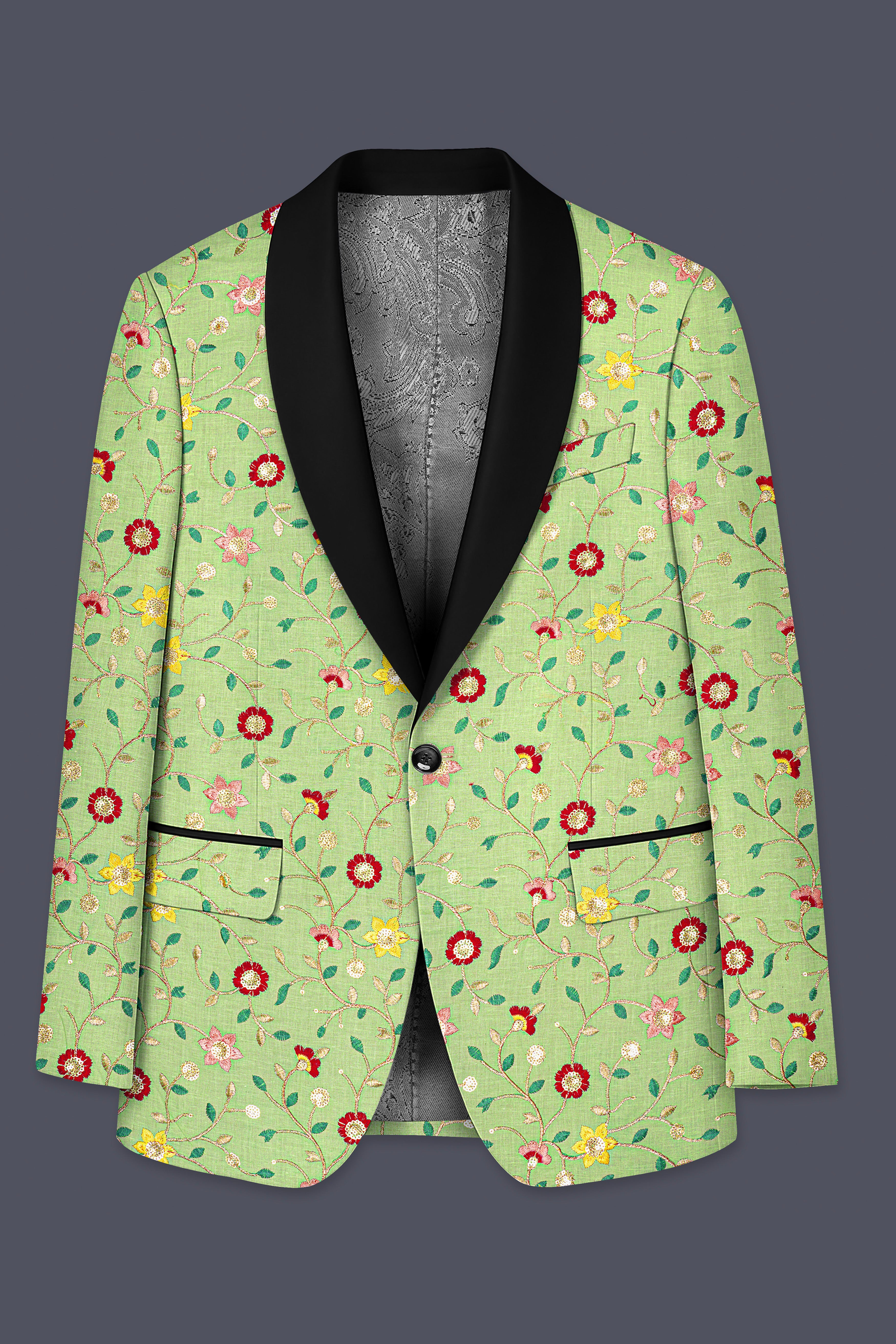 Verdoria-Hampton Green and Beryl Red Floral Multicolour Cotton Thread Embroidered Designer Tuxedo Suit