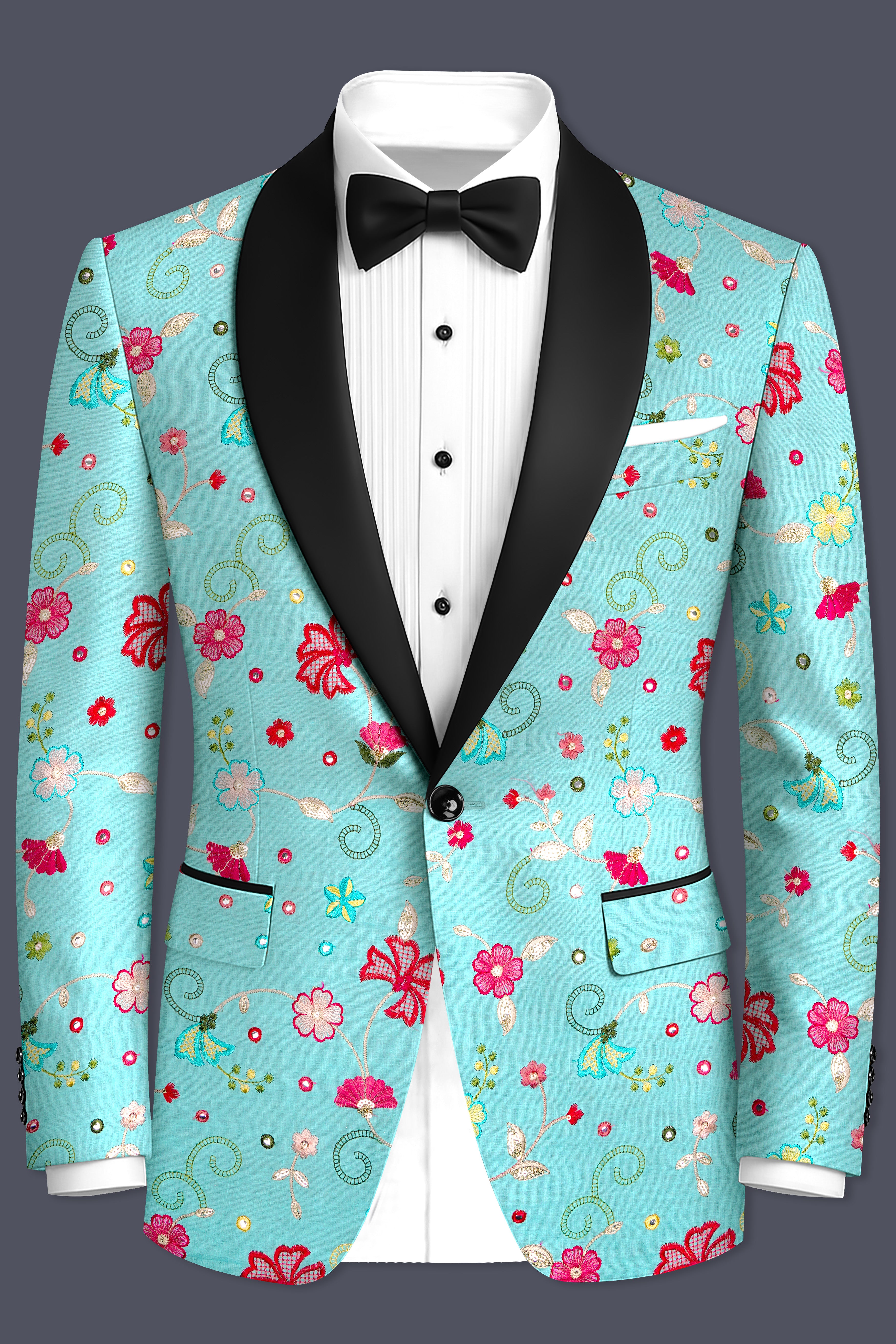 Rosavon-Cyan Blue and Charm Pink Floral Cotton Thread Embroidered Designer Tuxedo Suit