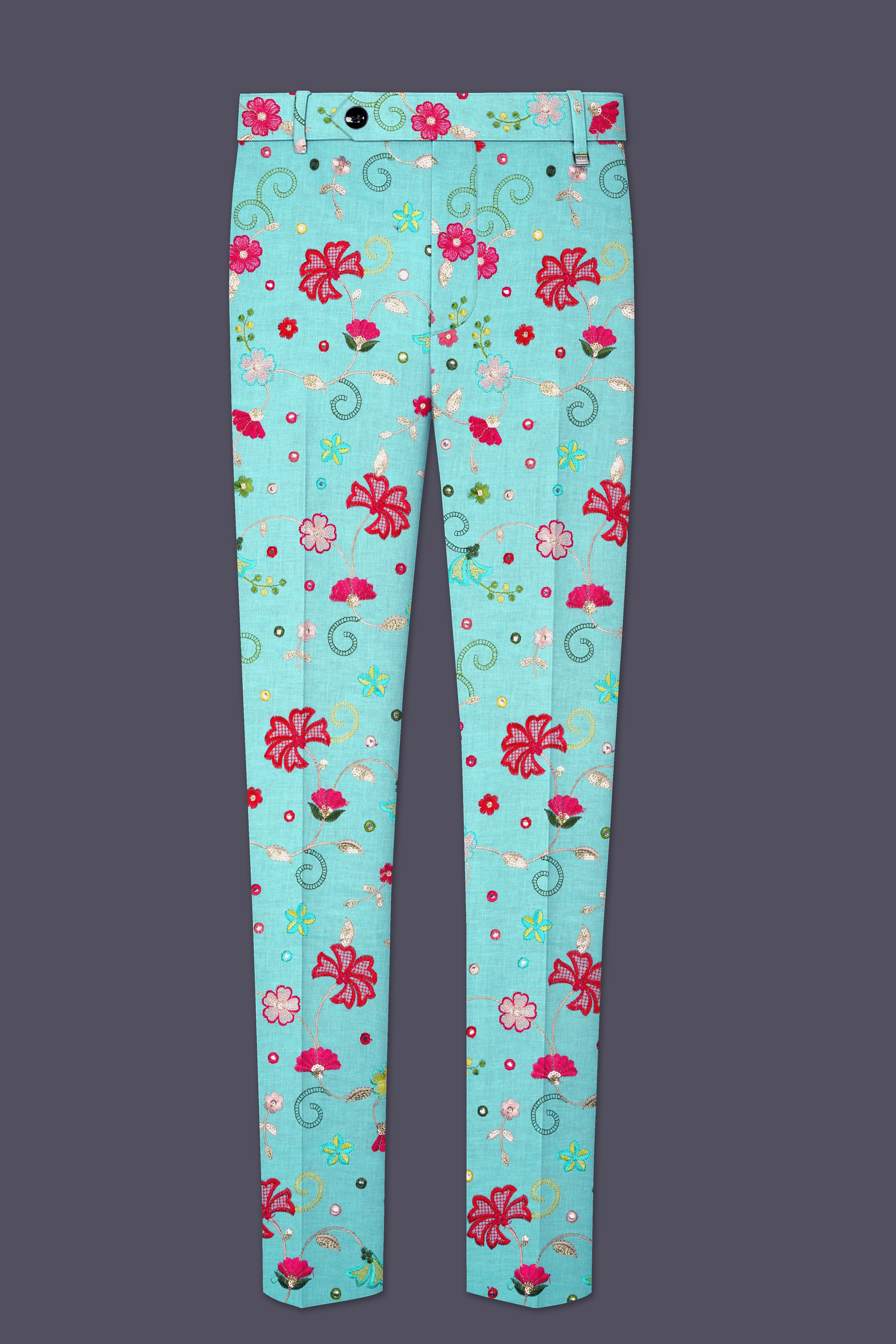 Rosavon-Cyan Blue and Charm Pink Floral Cotton Thread Embroidered Designer Tuxedo Suit