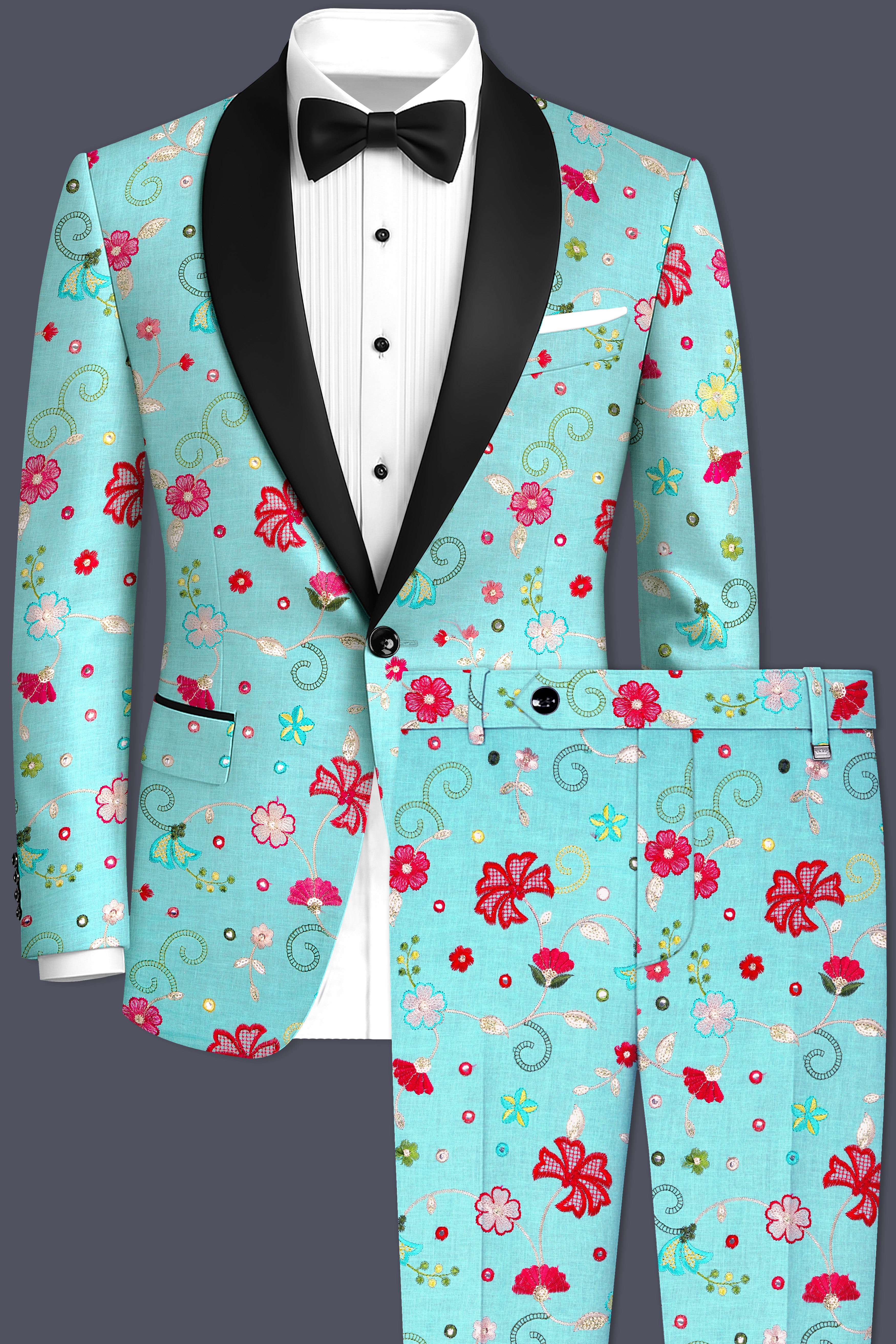 Rosavon-Cyan Blue and Charm Pink Floral Cotton Thread Embroidered Designer Tuxedo Suit