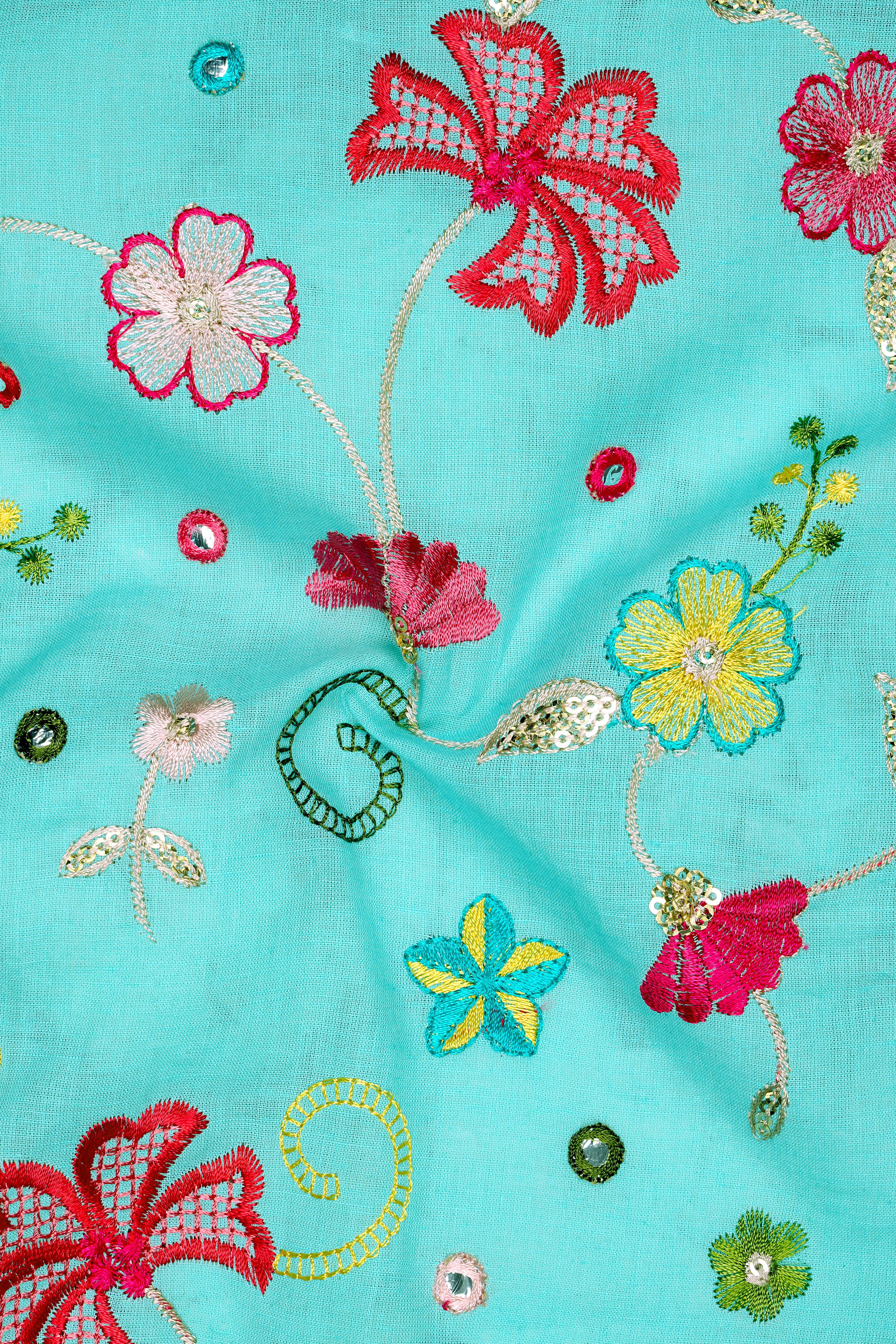 Rosavon-Cyan Blue and Charm Pink Floral Cotton Thread Embroidered Designer Tuxedo Suit