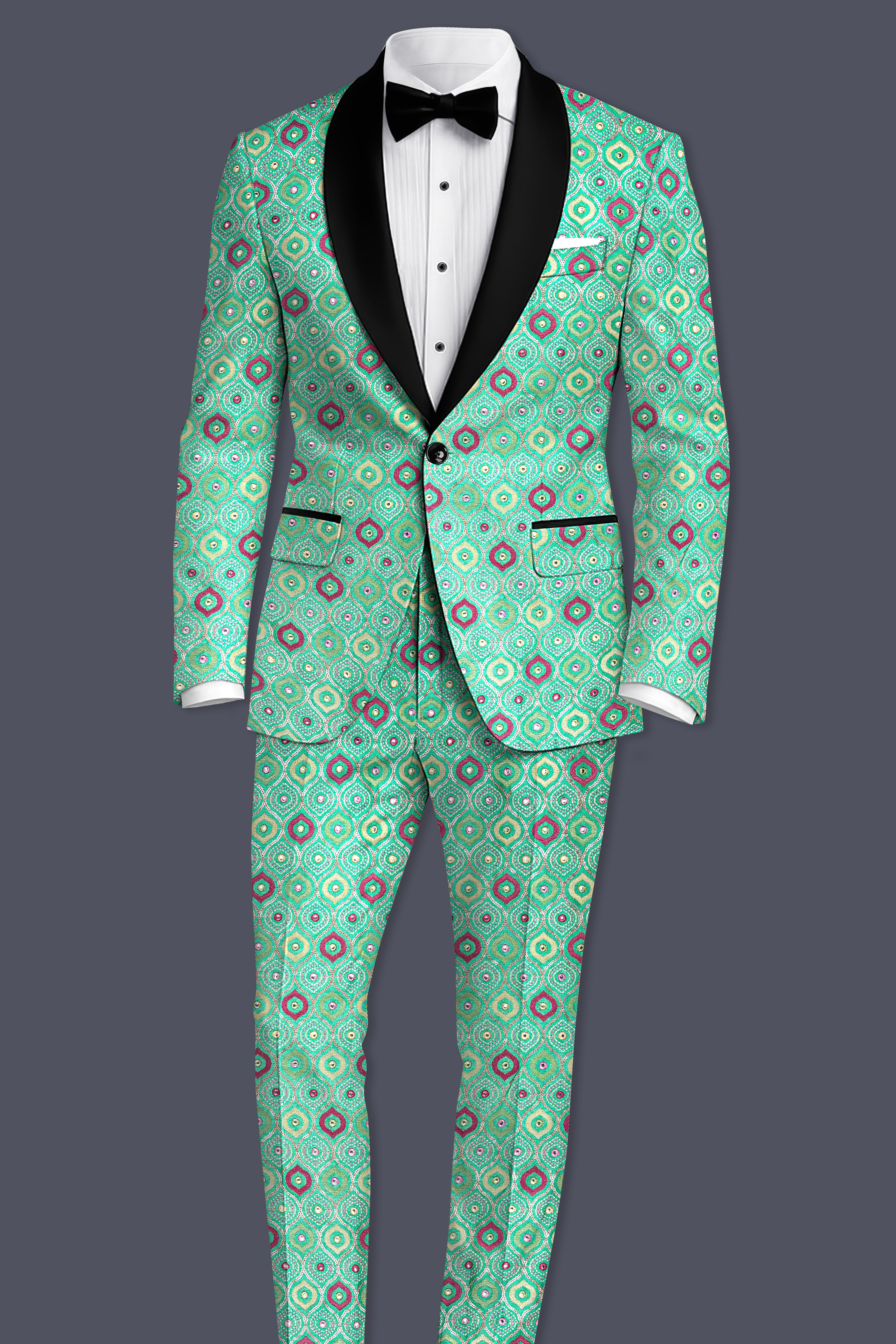 Florambre-Bermuda Green and Charm Pink Ogee Cotton Thread Embroidered Designer Tuxedo Suit