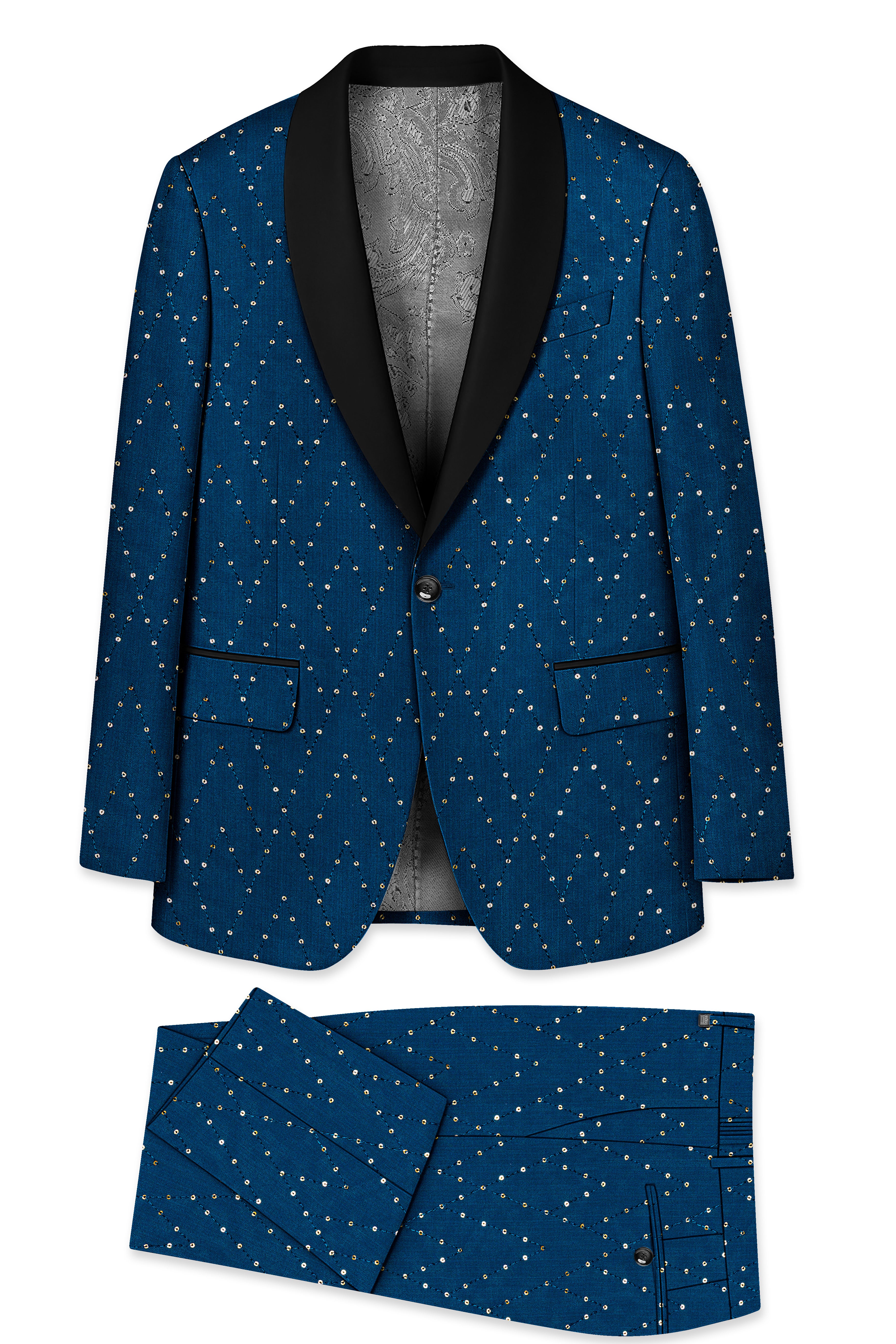 Aureven-Venice Blue Embroidered Viscose Tikki Work Designer Tuxedo Suit