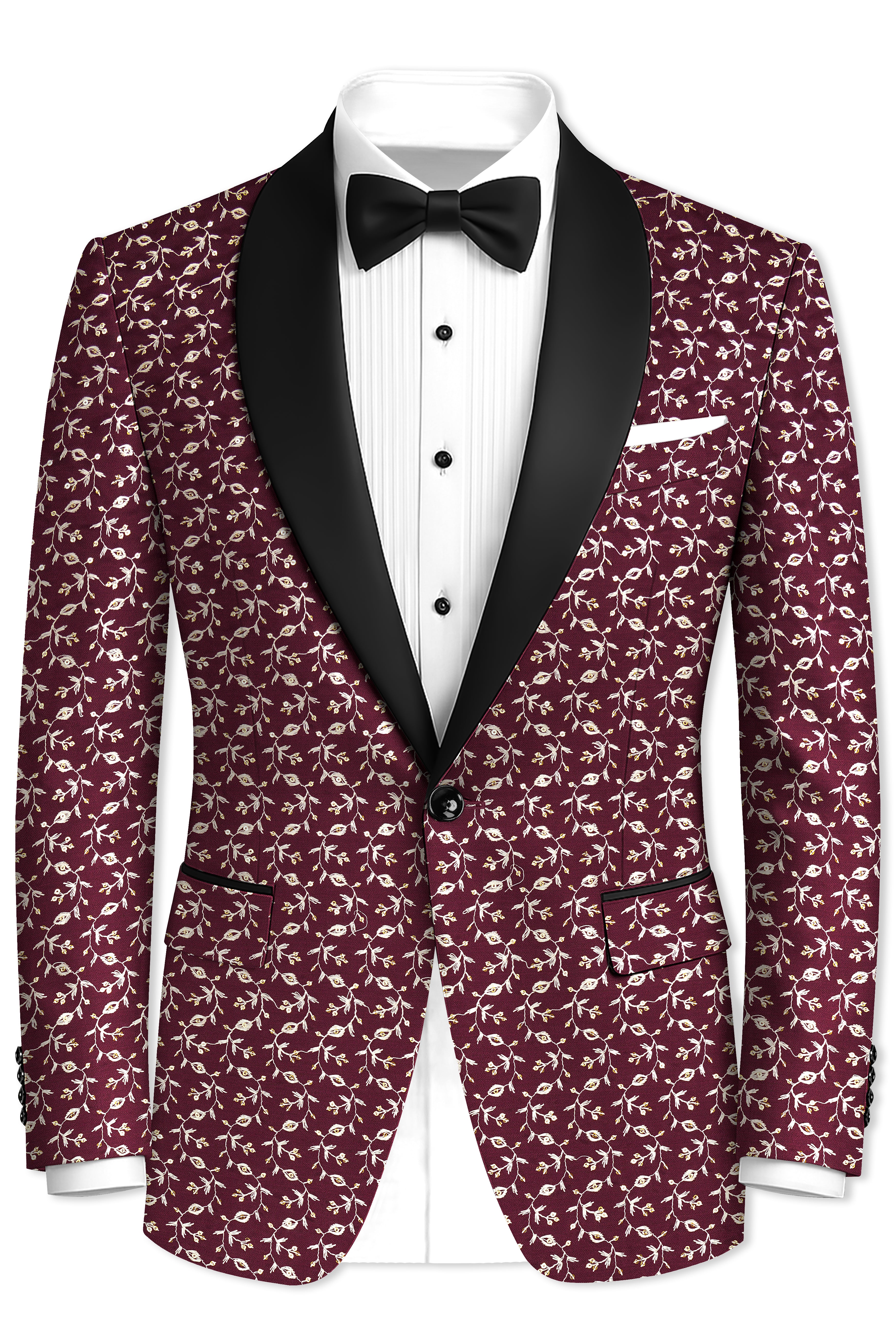 Rosencia-Mulberry Maroon Viscose Ditsy Embroidered With Tikki Work Designer Tuxedo Suit