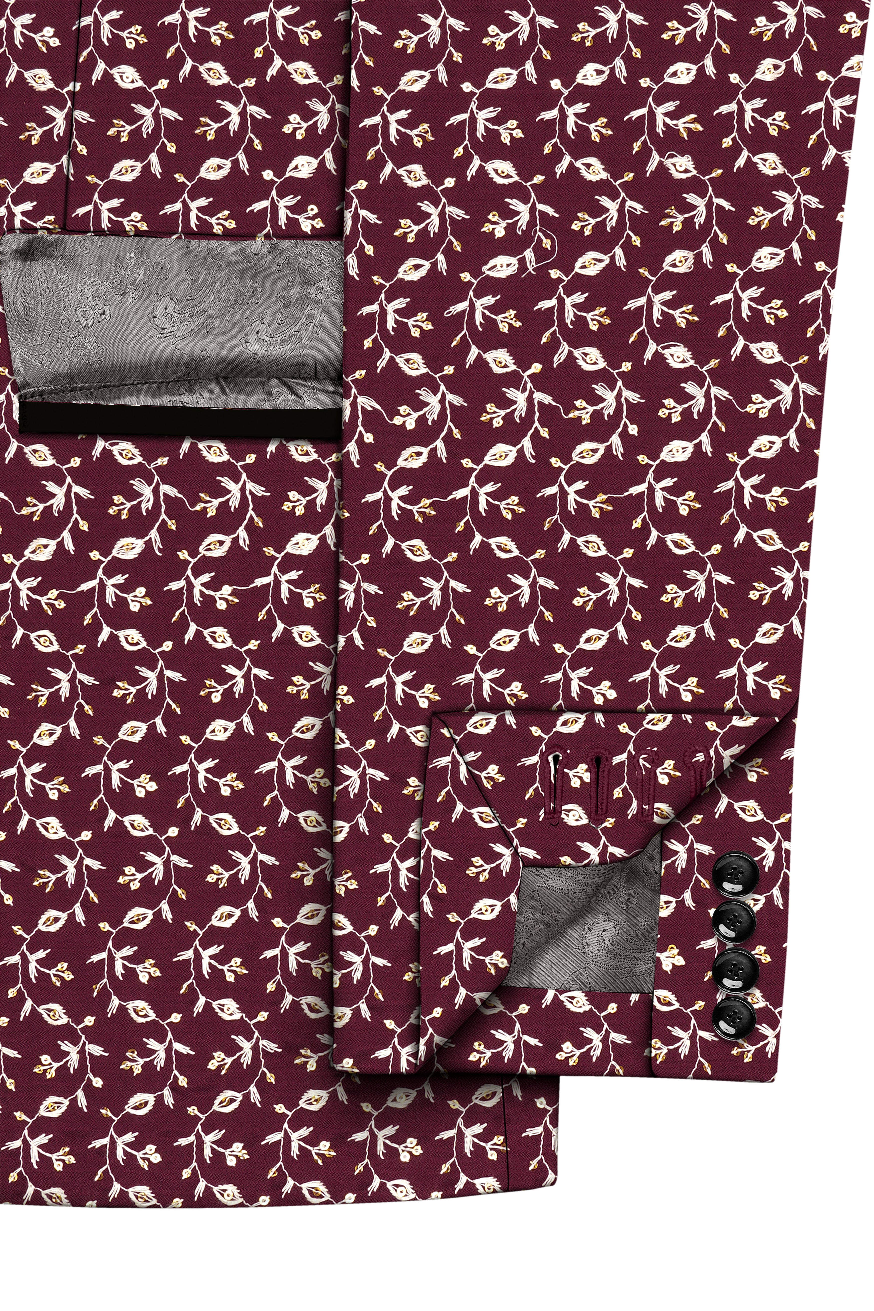 Rosencia-Mulberry Maroon Viscose Ditsy Embroidered With Tikki Work Designer Tuxedo Suit