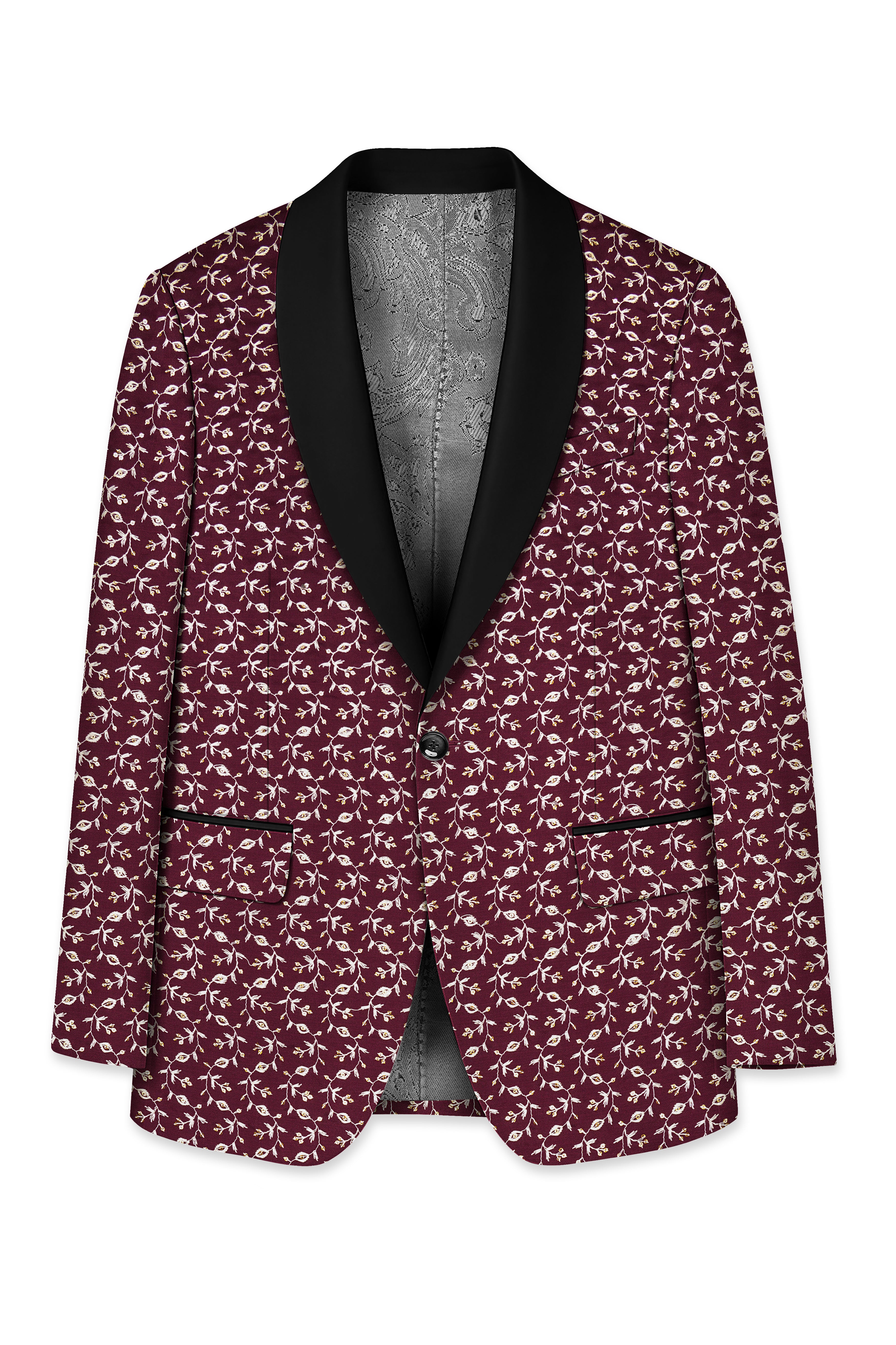 Rosencia-Mulberry Maroon Viscose Ditsy Embroidered With Tikki Work Designer Tuxedo Suit