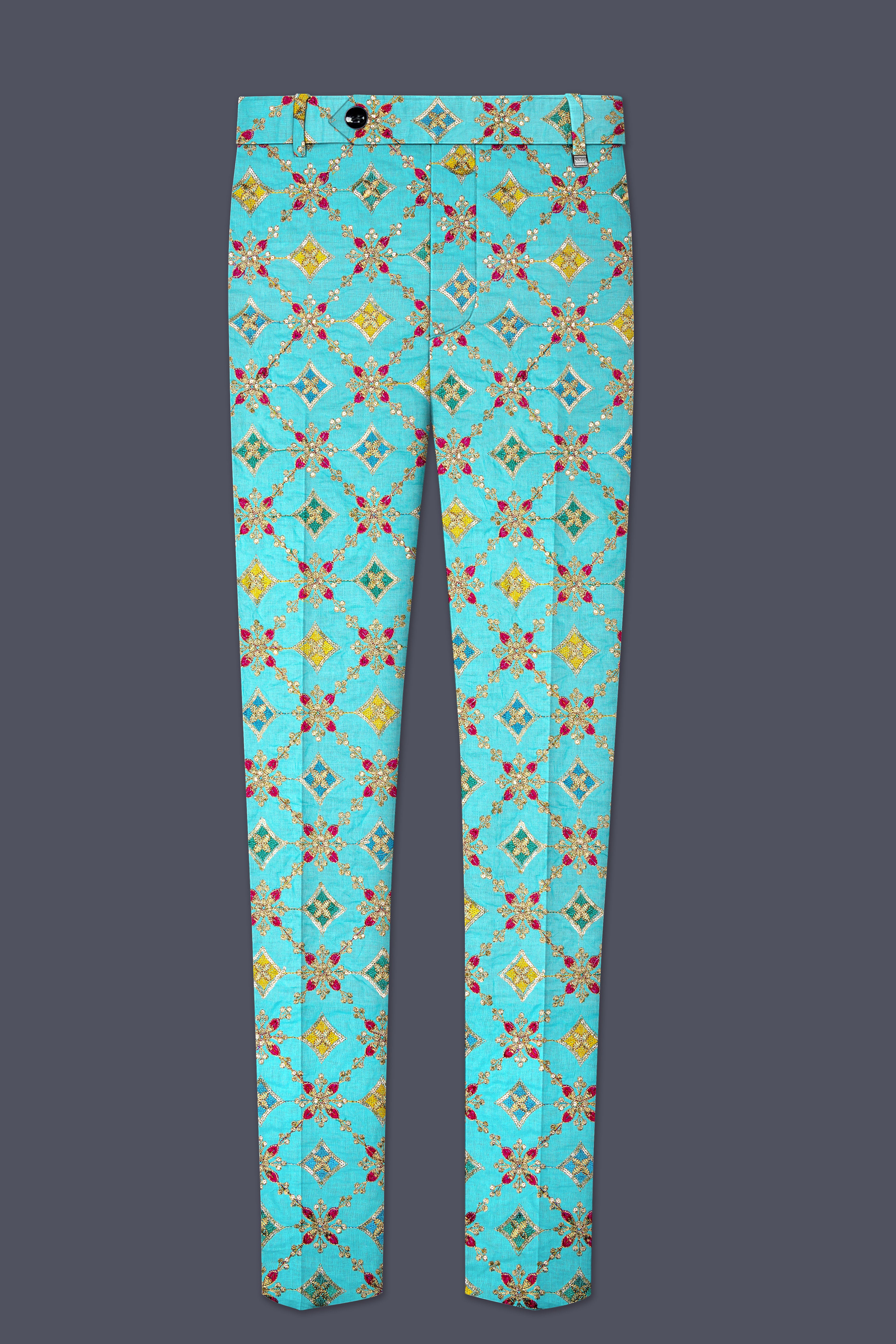 Floravio-Cyan Blue and Charm Pink Geometric Cotton Thread Embroidered Designer Tuxedo Suit