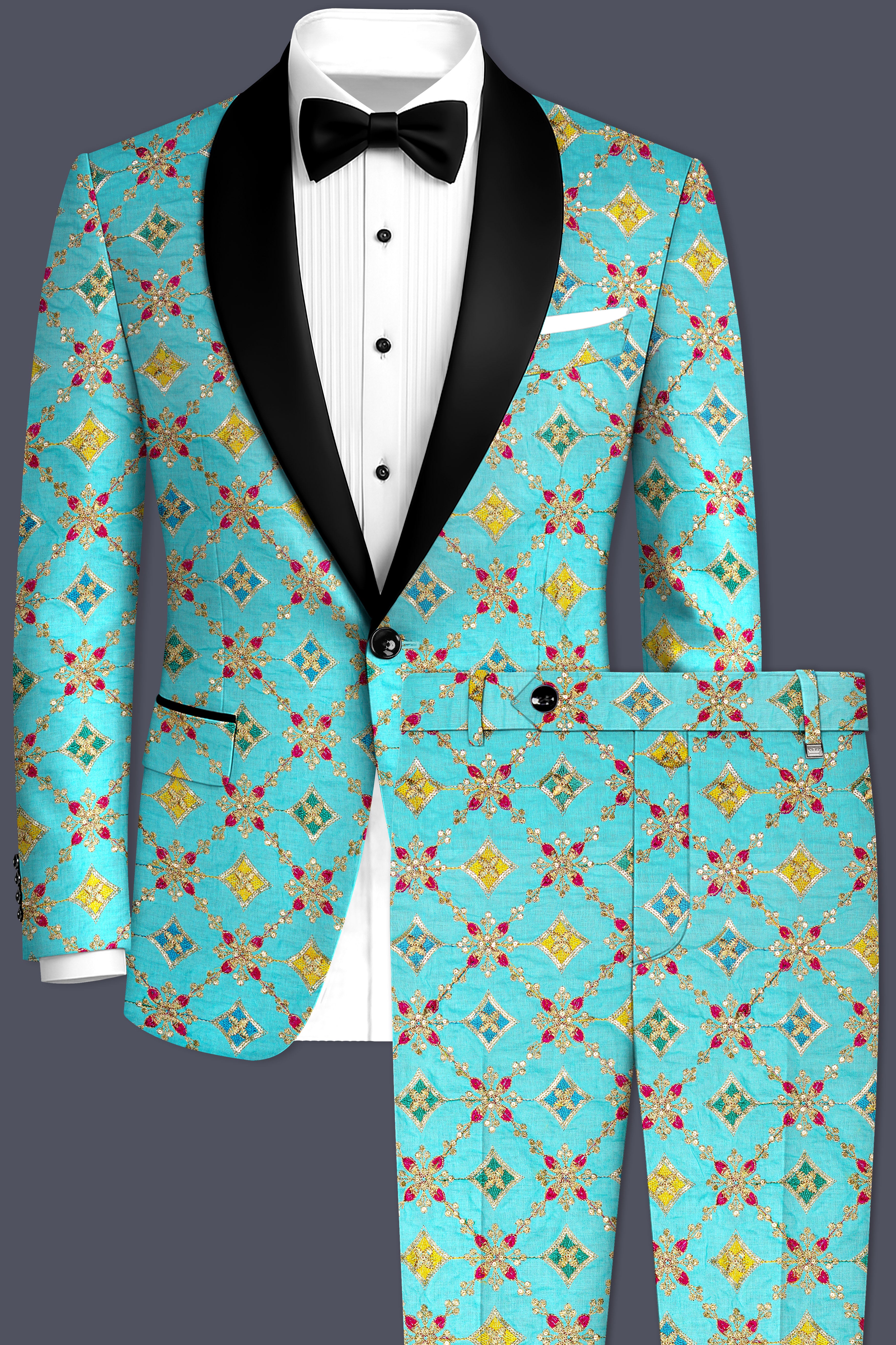Floravio-Cyan Blue and Charm Pink Geometric Cotton Thread Embroidered Designer Tuxedo Suit