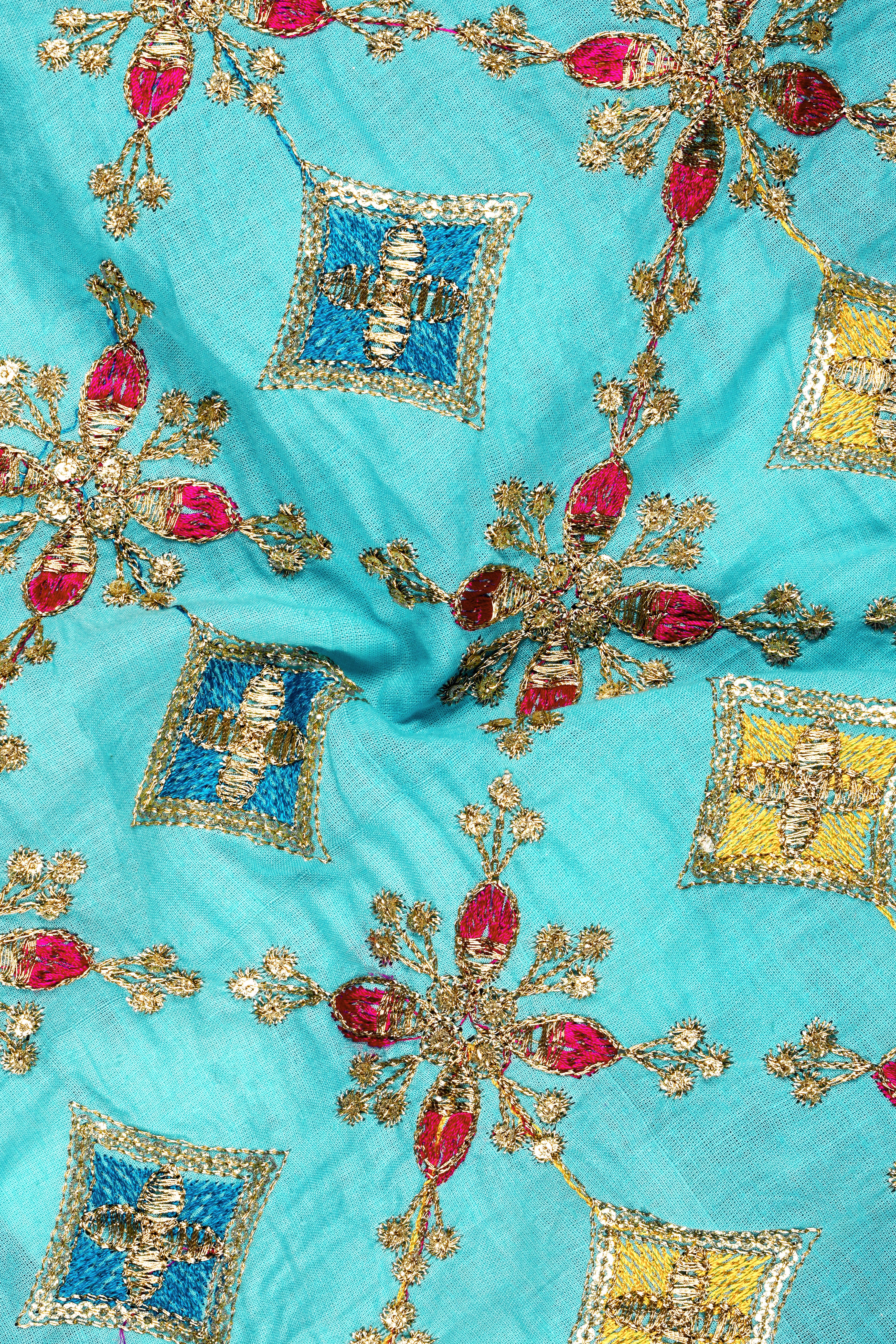 Floravio-Cyan Blue and Charm Pink Geometric Cotton Thread Embroidered Designer Tuxedo Suit