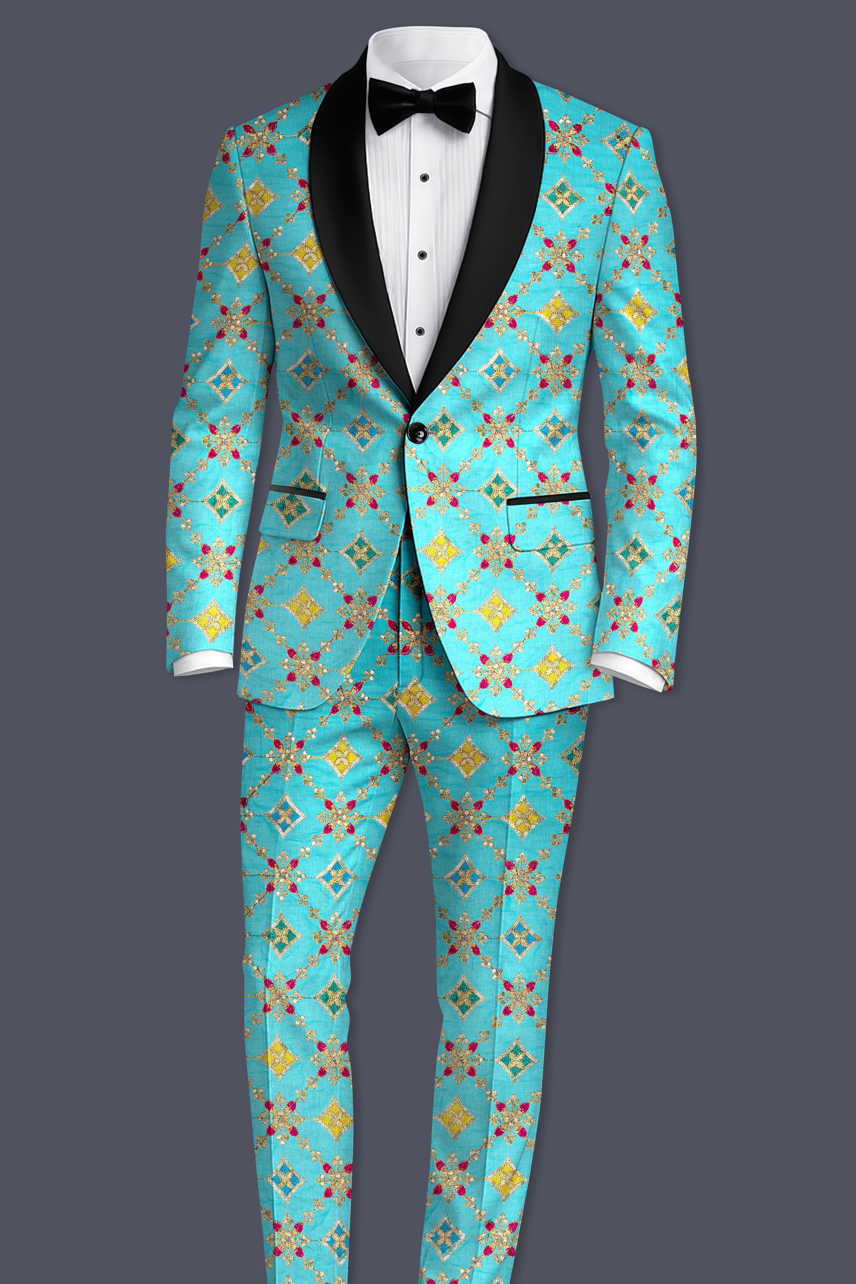 Floravio-Cyan Blue and Charm Pink Geometric Cotton Thread Embroidered Designer Tuxedo Suit