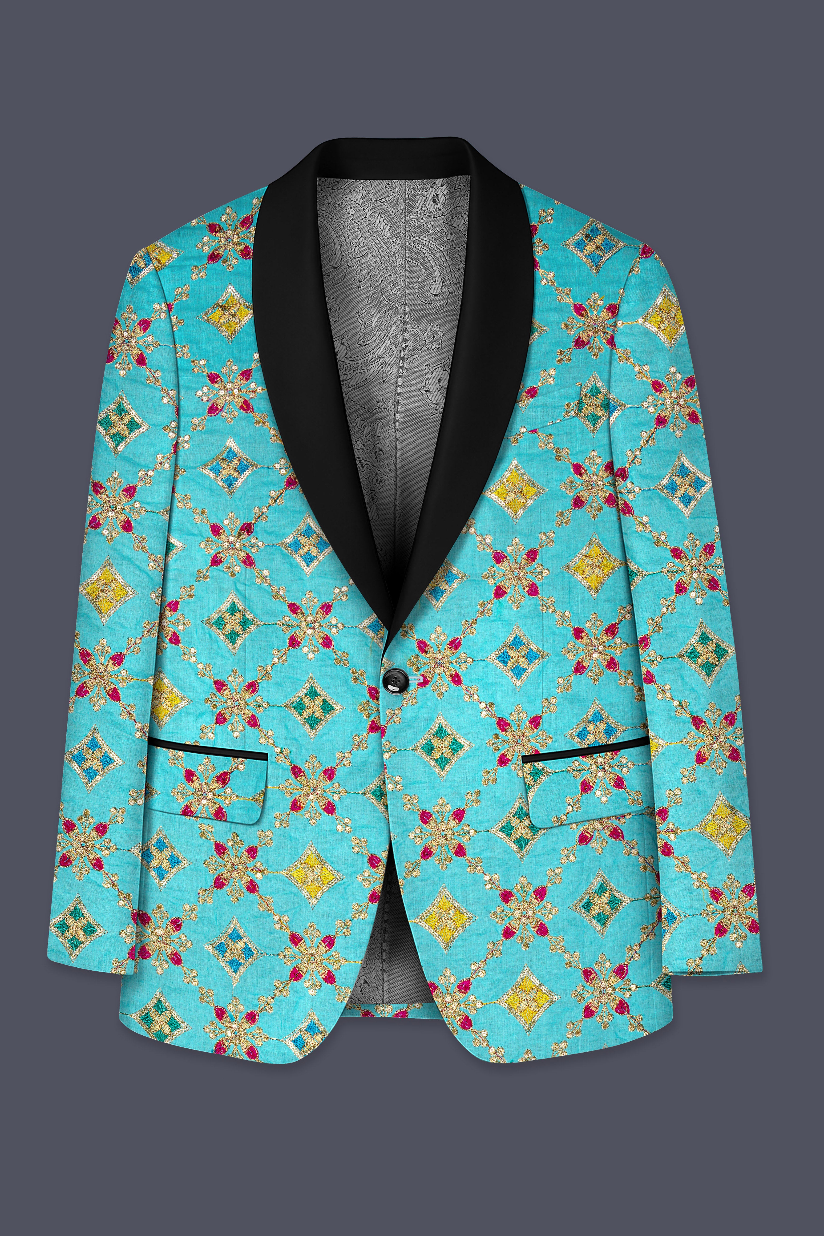 Floravio-Cyan Blue and Charm Pink Geometric Cotton Thread Embroidered Designer Tuxedo Suit