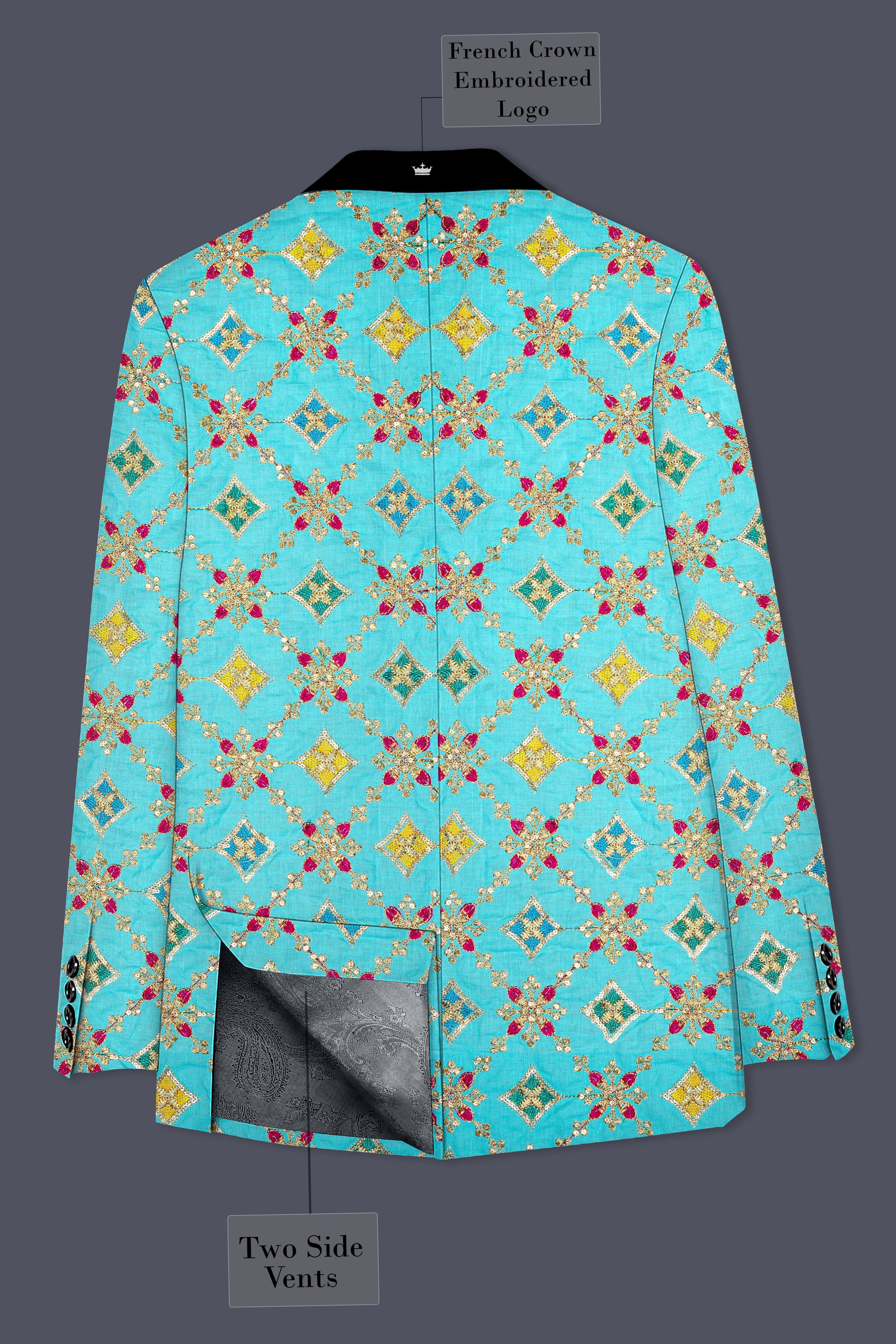 Floravio-Cyan Blue and Charm Pink Geometric Cotton Thread Embroidered Designer Tuxedo Suit