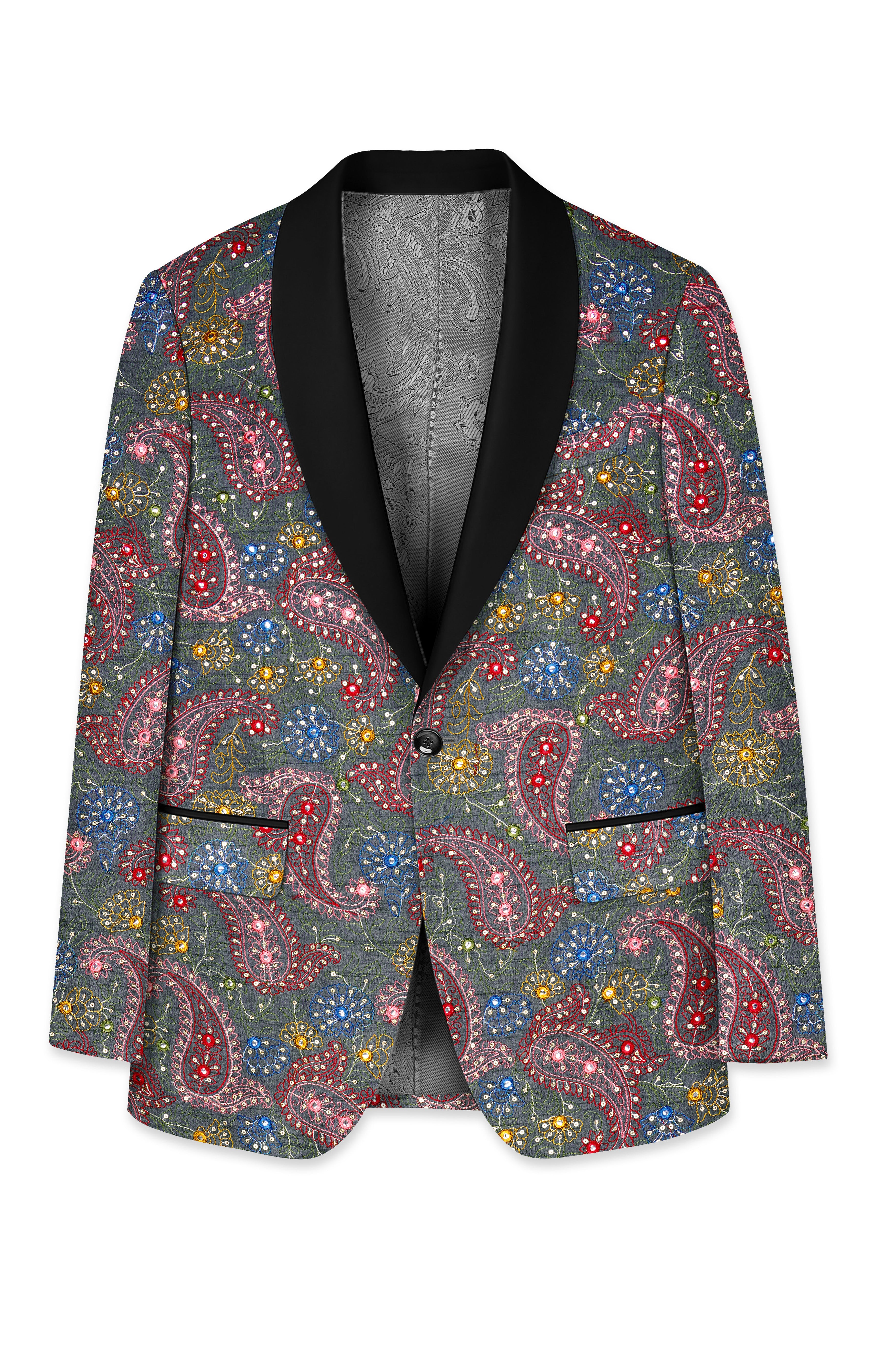 Paisora-Nickel Gray and Brink Pink Paisley Cotton Thread Embroidered Designer Tuxedo Suit