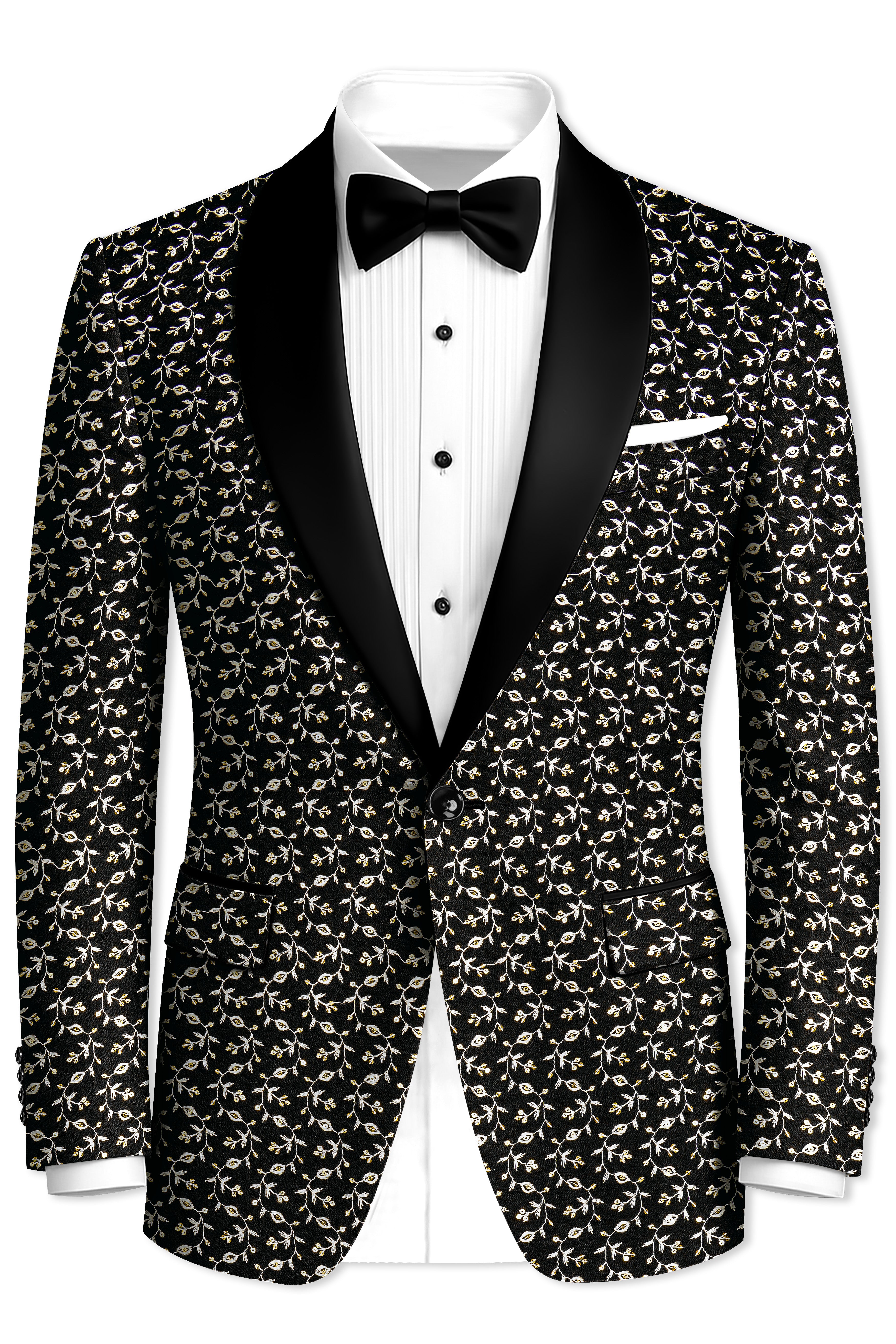 Nerquise-Jade Black Ditsy Pattern Thread and Sequin Embroidered Viscose Designer Tuxedo Suit