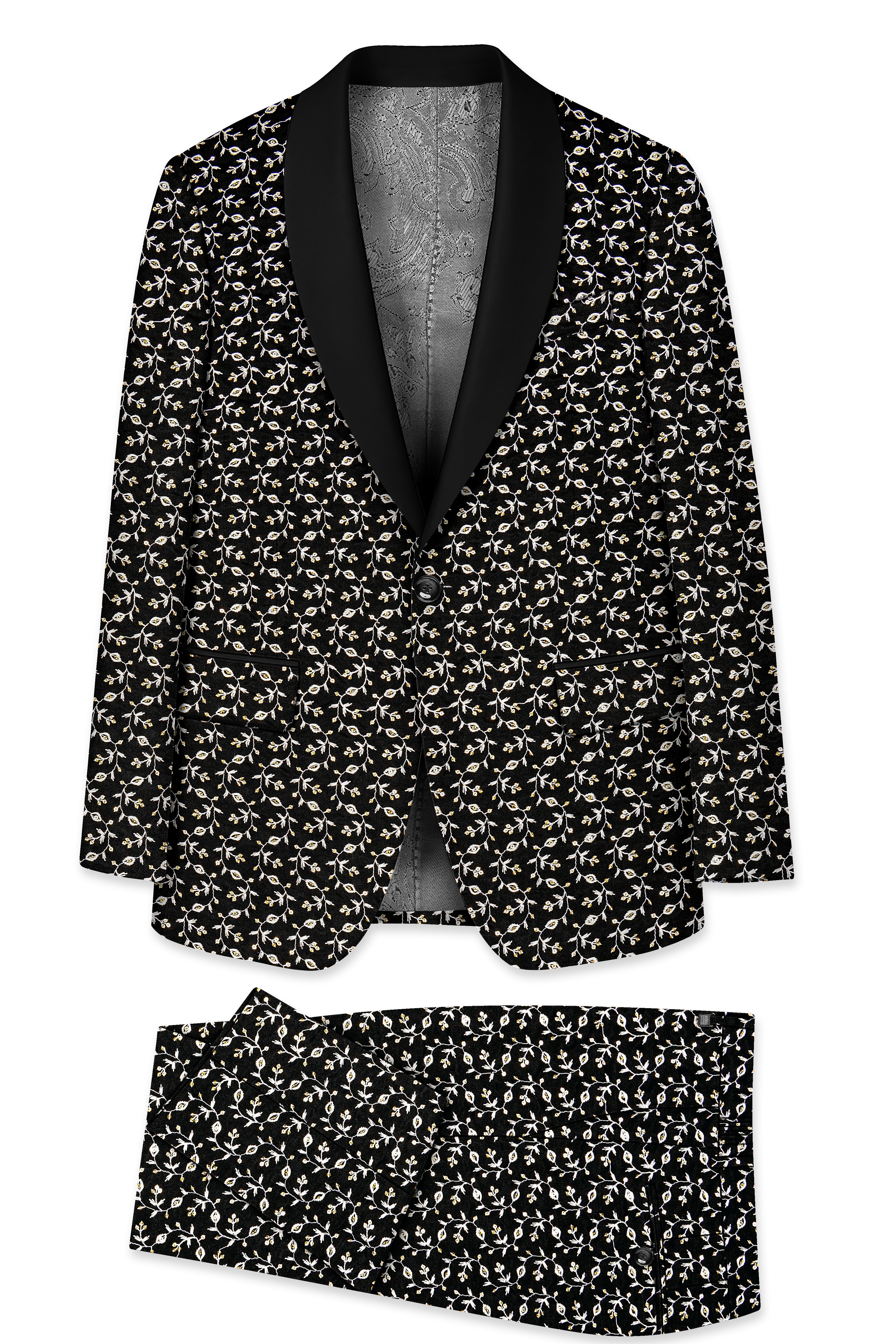 Nerquise-Jade Black Ditsy Pattern Thread and Sequin Embroidered Viscose Designer Tuxedo Suit