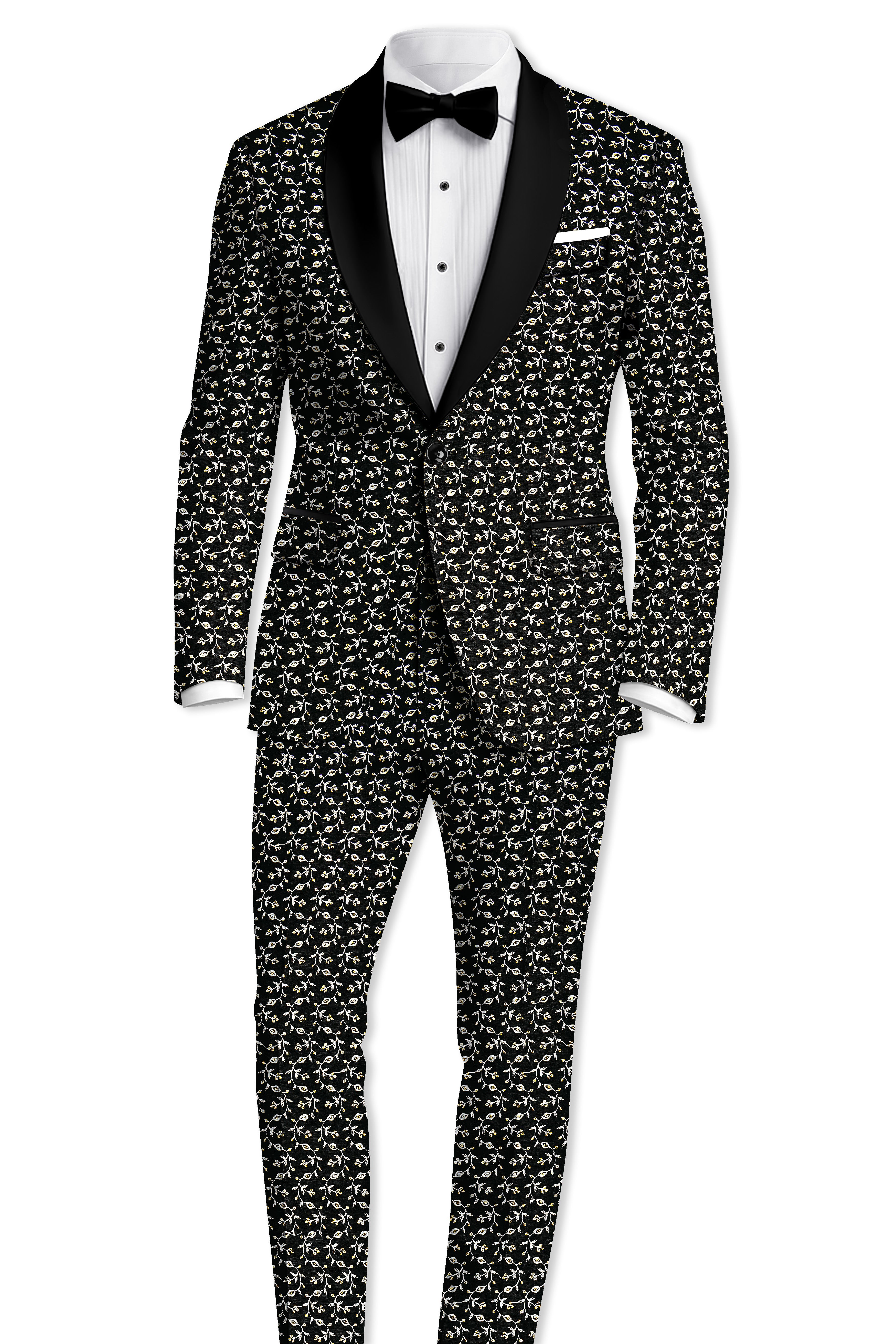 Nerquise-Jade Black Ditsy Pattern Thread and Sequin Embroidered Viscose Designer Tuxedo Suit