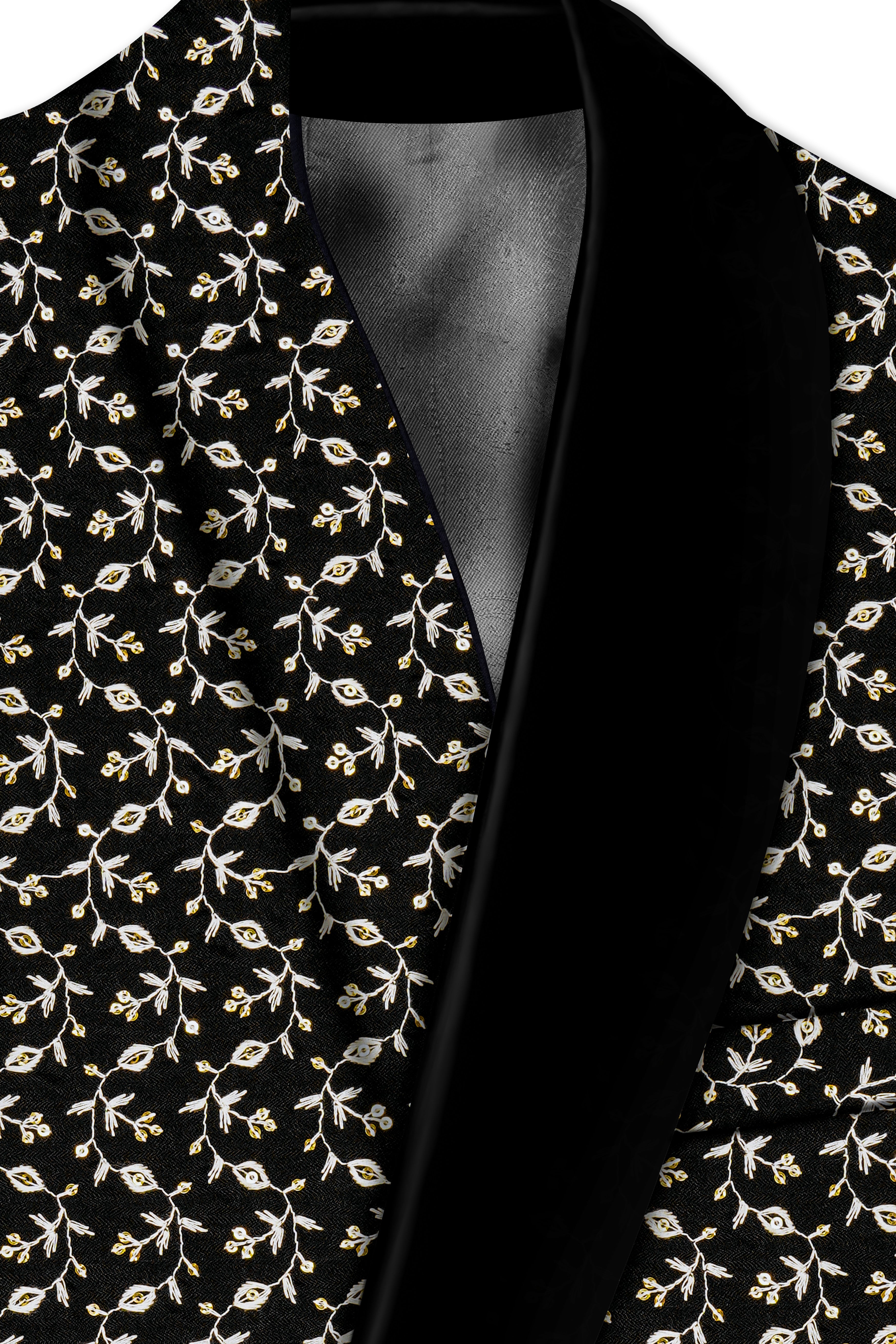 Nerquise-Jade Black Ditsy Pattern Thread and Sequin Embroidered Viscose Designer Tuxedo Suit