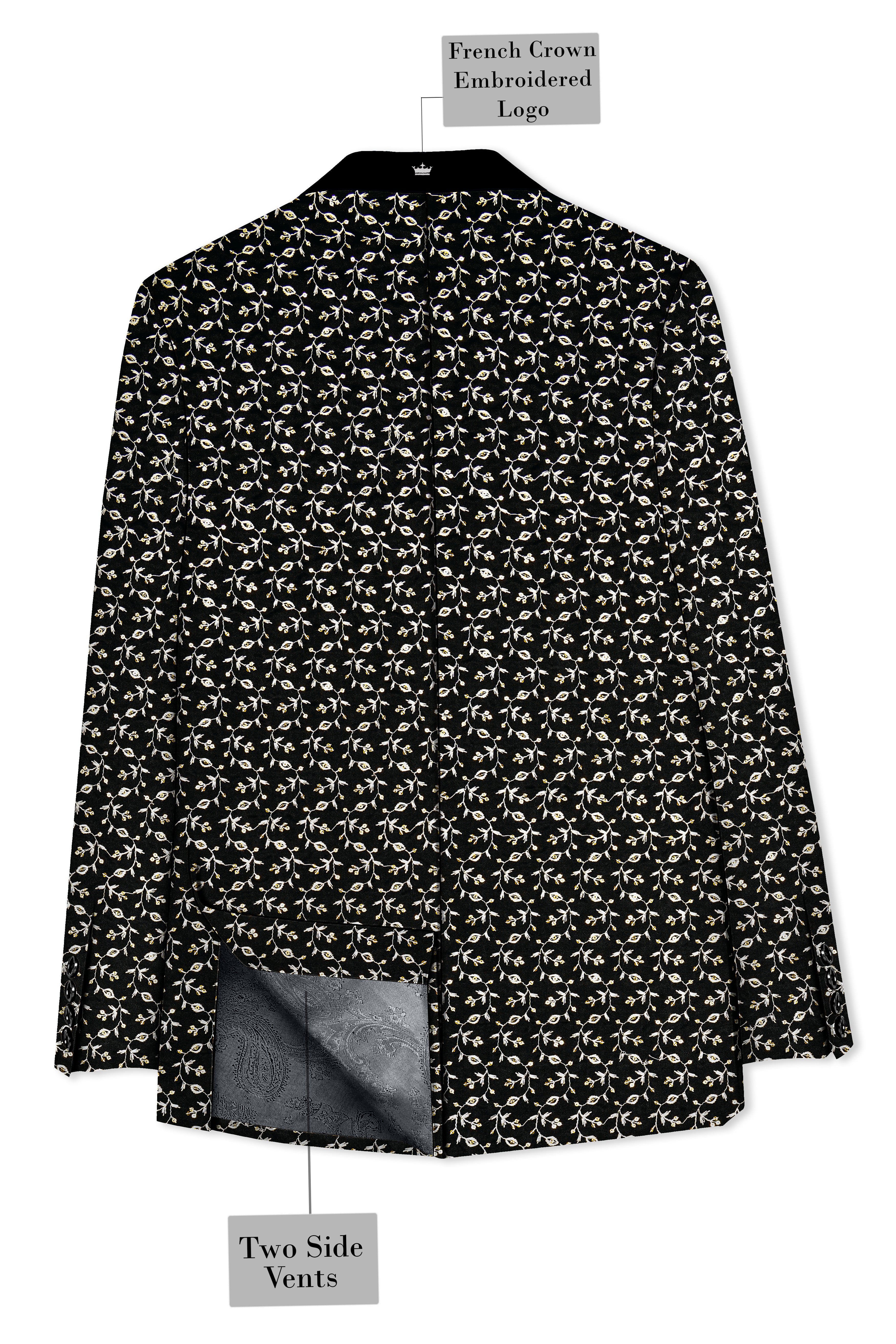 Nerquise-Jade Black Ditsy Pattern Thread and Sequin Embroidered Viscose Designer Tuxedo Suit