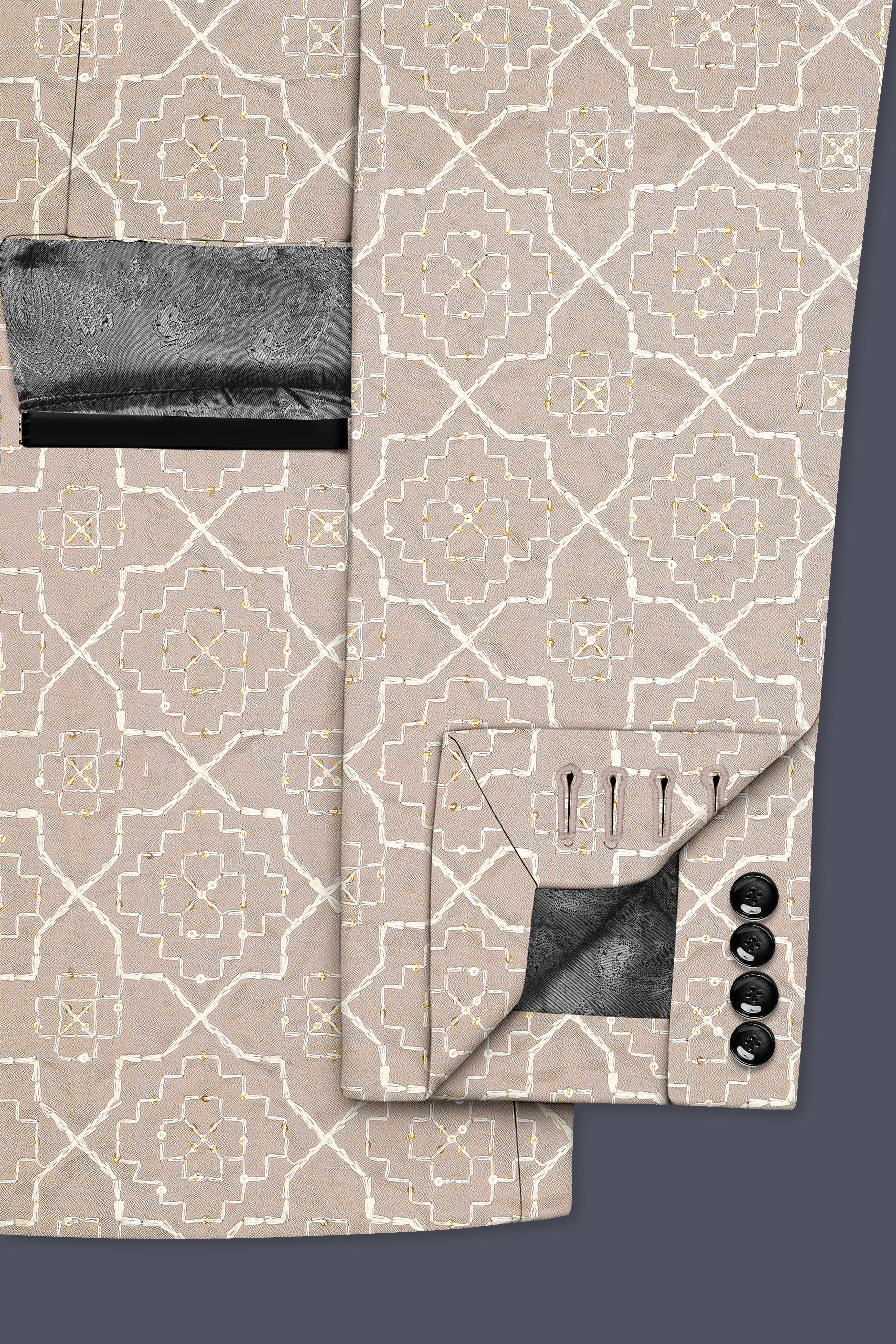 Aurellis-Chalice Brown Trellis Pattern Thread and Sequin Embroidered Viscose Designer Tuxedo Suit