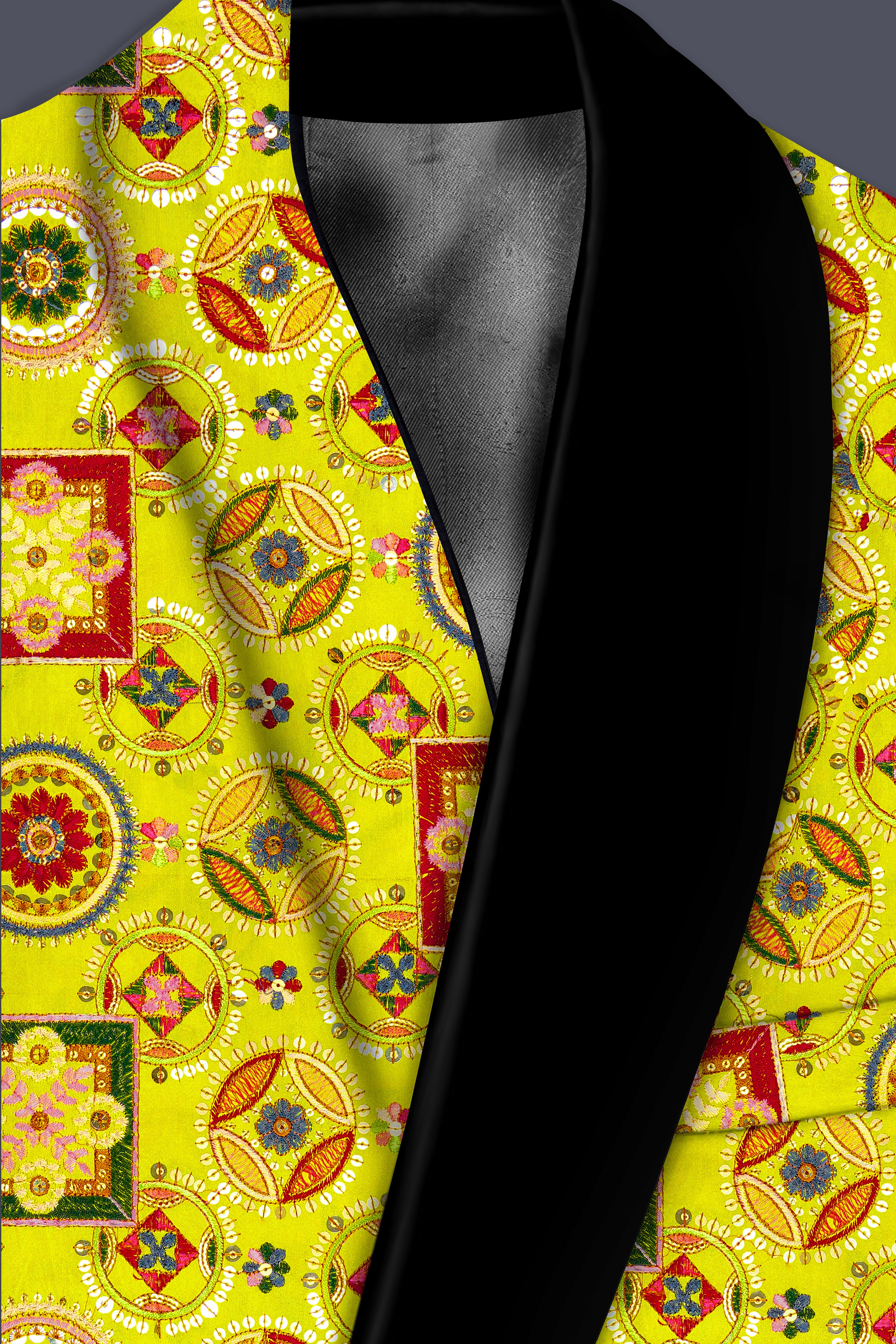 Coutflora-Custard Yellow Multicolour Cotton Thread Embroidered Designer Tuxedo Suit