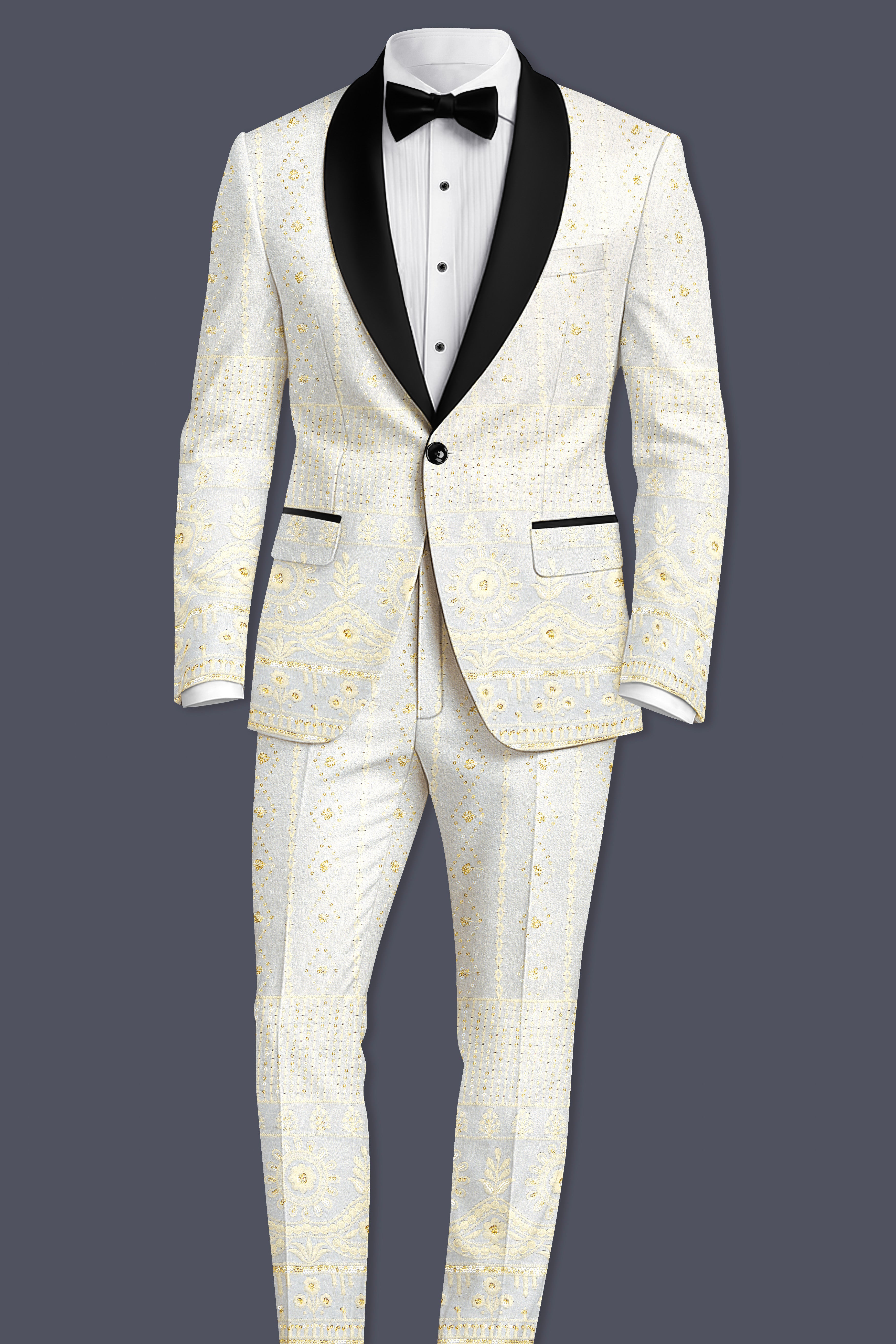 Aurevia-Albescent Cream With Sequin Embroidered Designer Tuxedo Suit