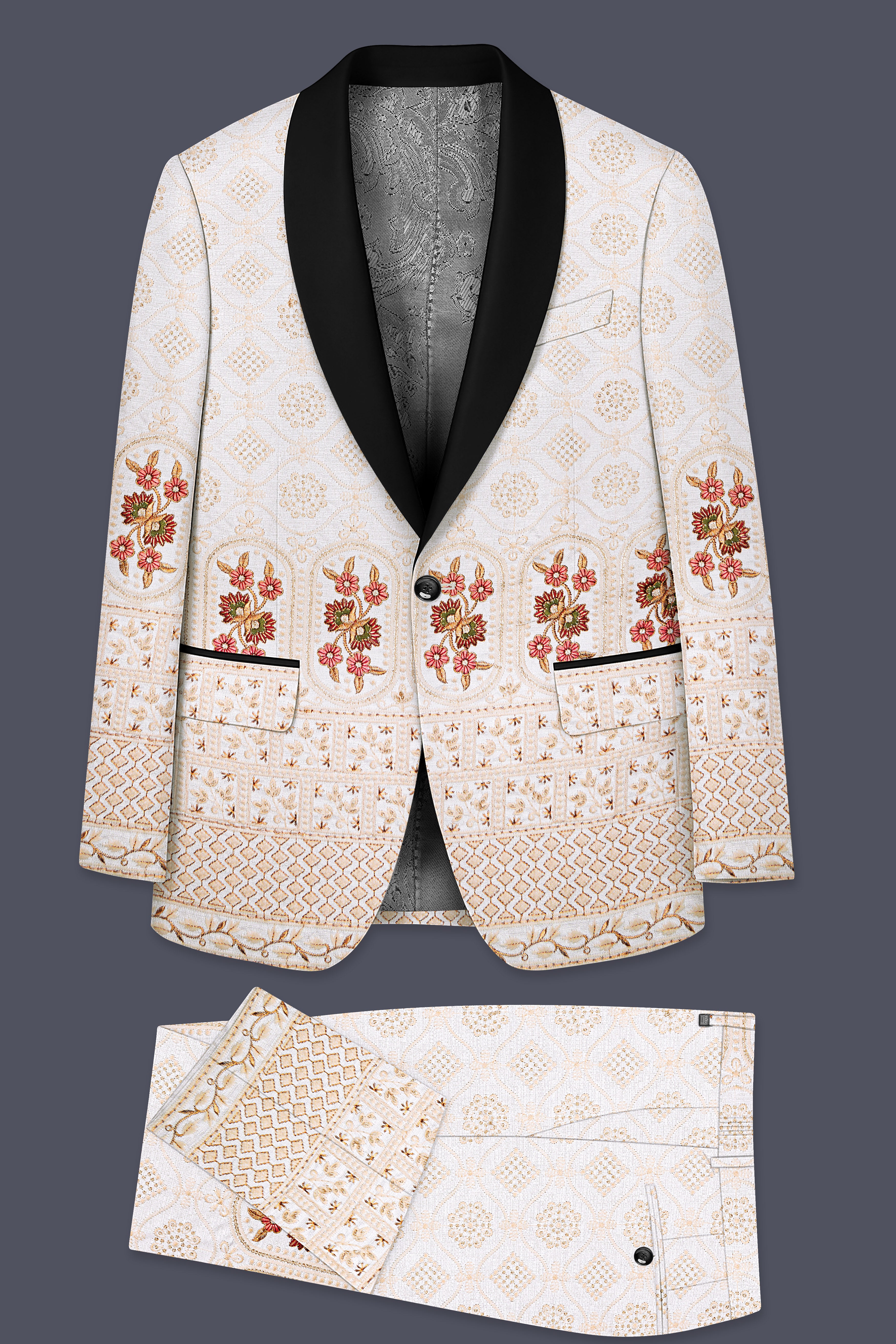 Aurevia-Spanish Cream and Flamingo Peach Thread and Sequin Embroidered Designer Suit