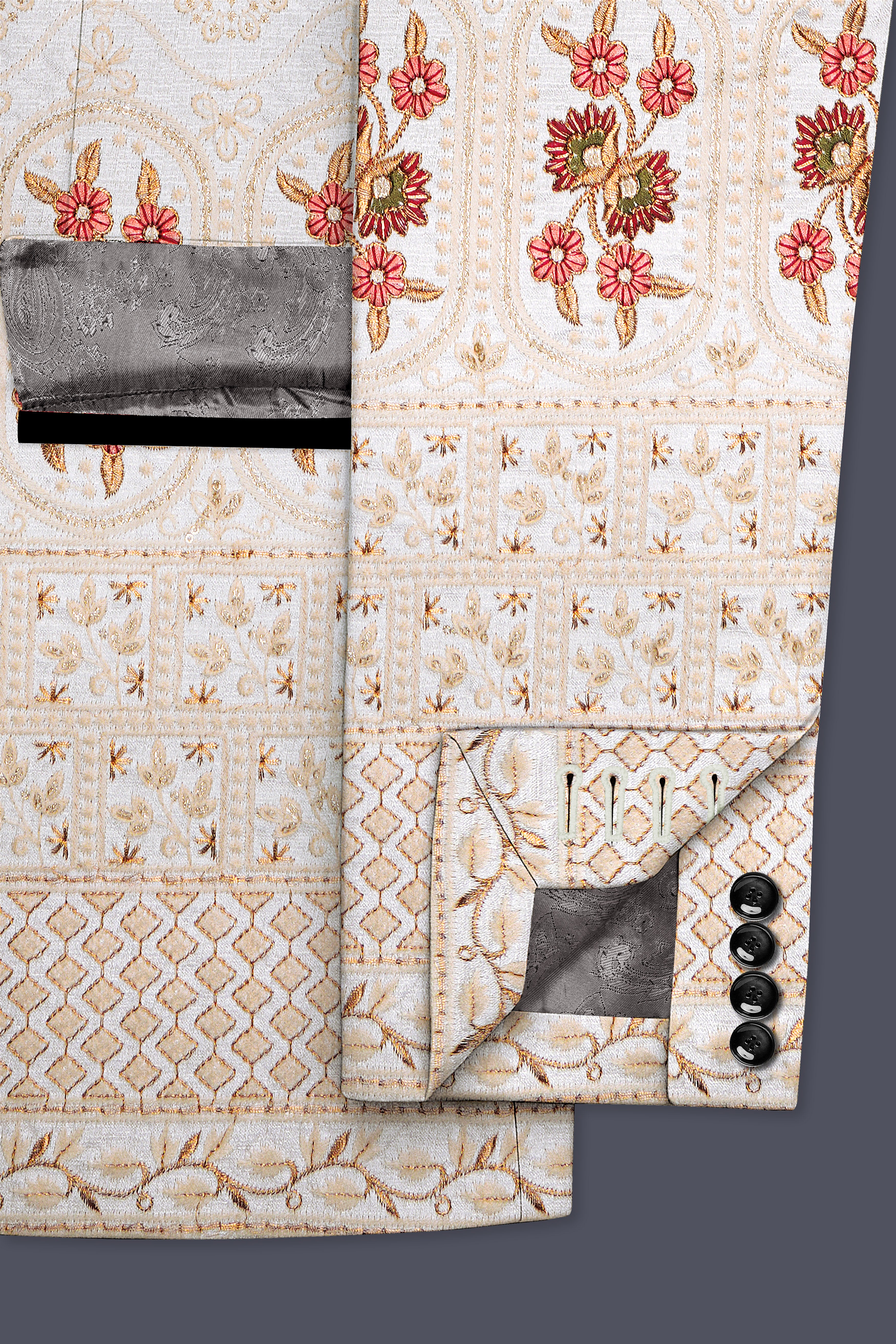 Aurevia-Spanish Cream and Flamingo Peach Thread and Sequin Embroidered Designer Suit