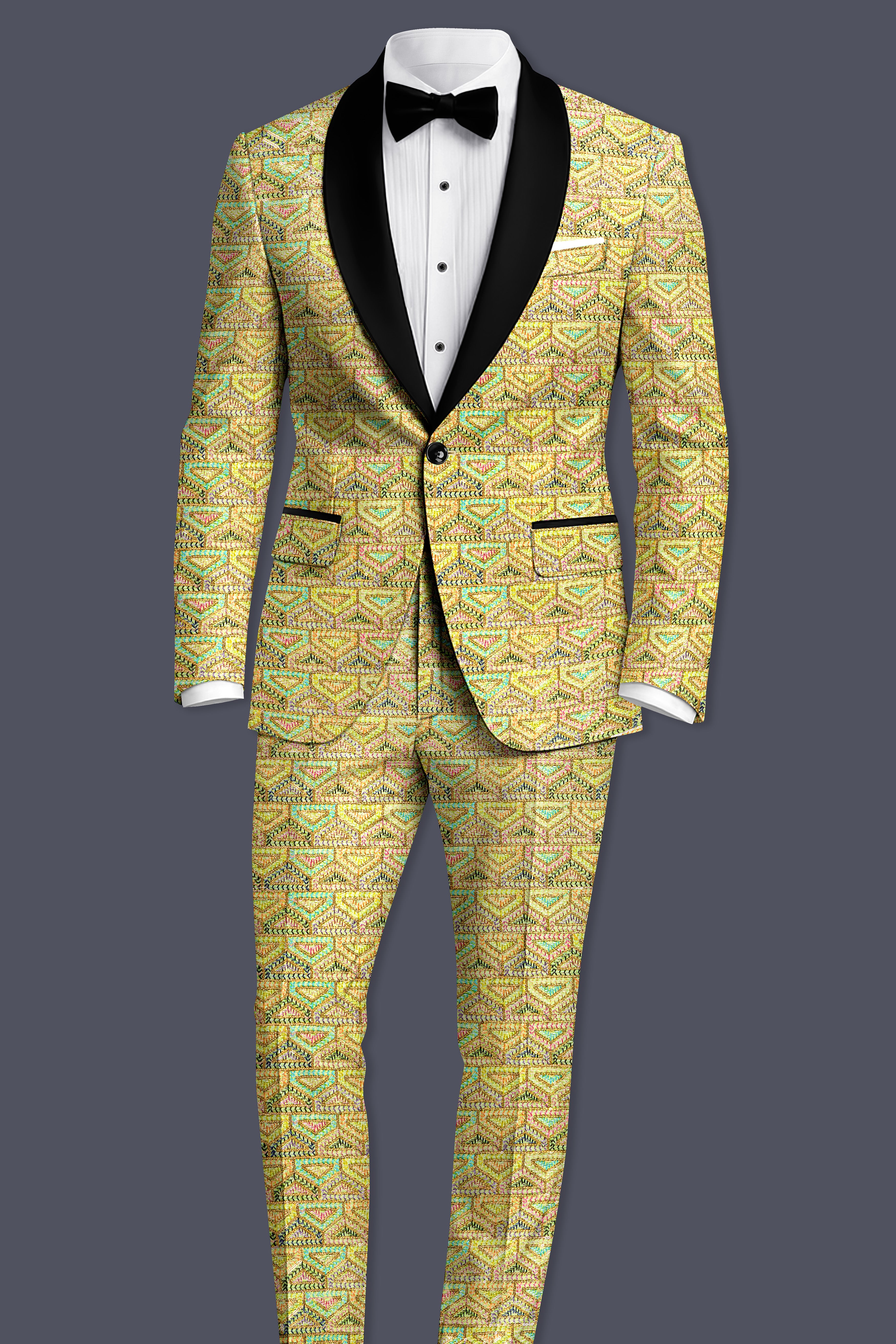 Flavora-Tacha Yellow and Charm Pink Geometric Cotton Thread Embroidered Designer Suit