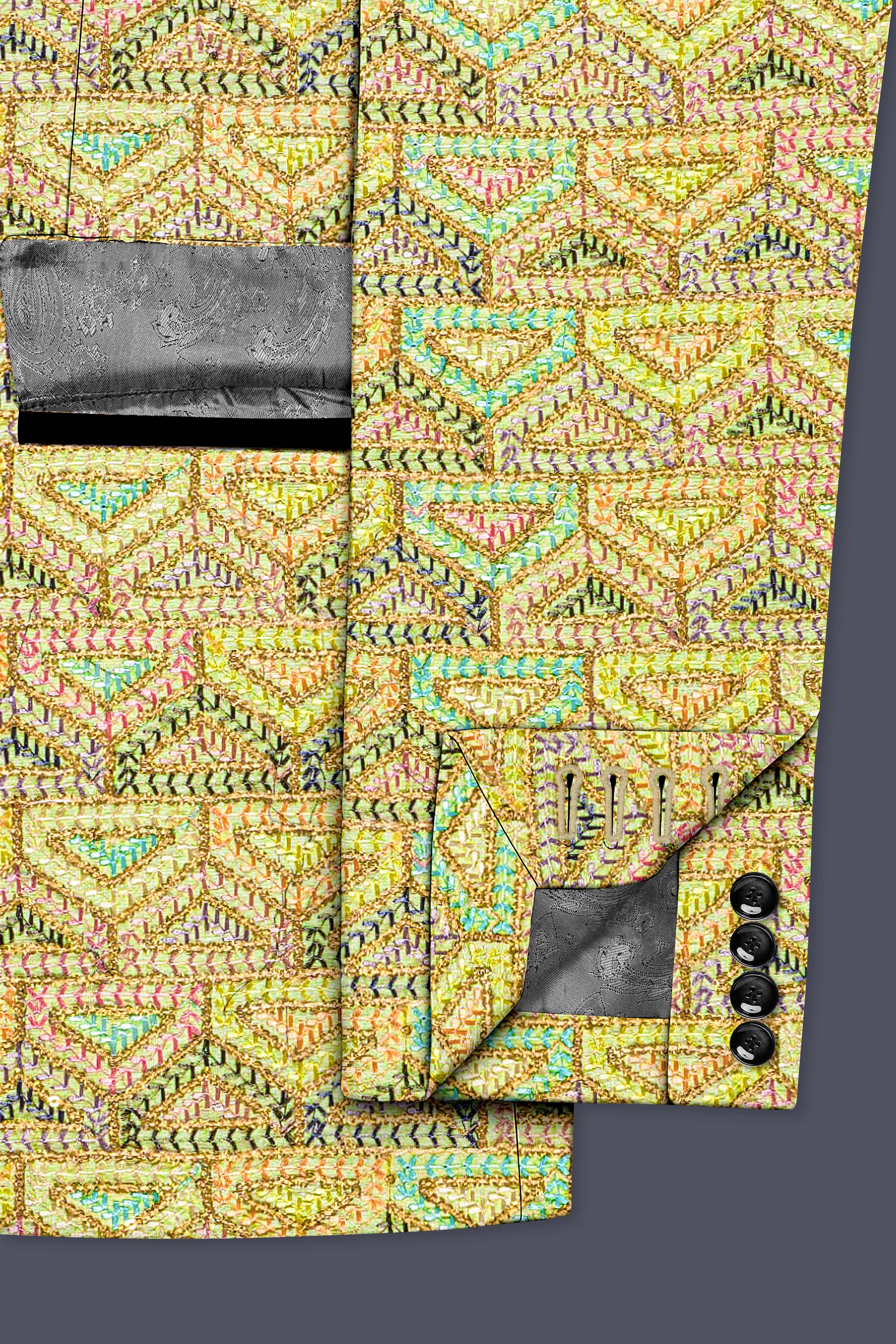 Flavora-Tacha Yellow and Charm Pink Geometric Cotton Thread Embroidered Designer Suit