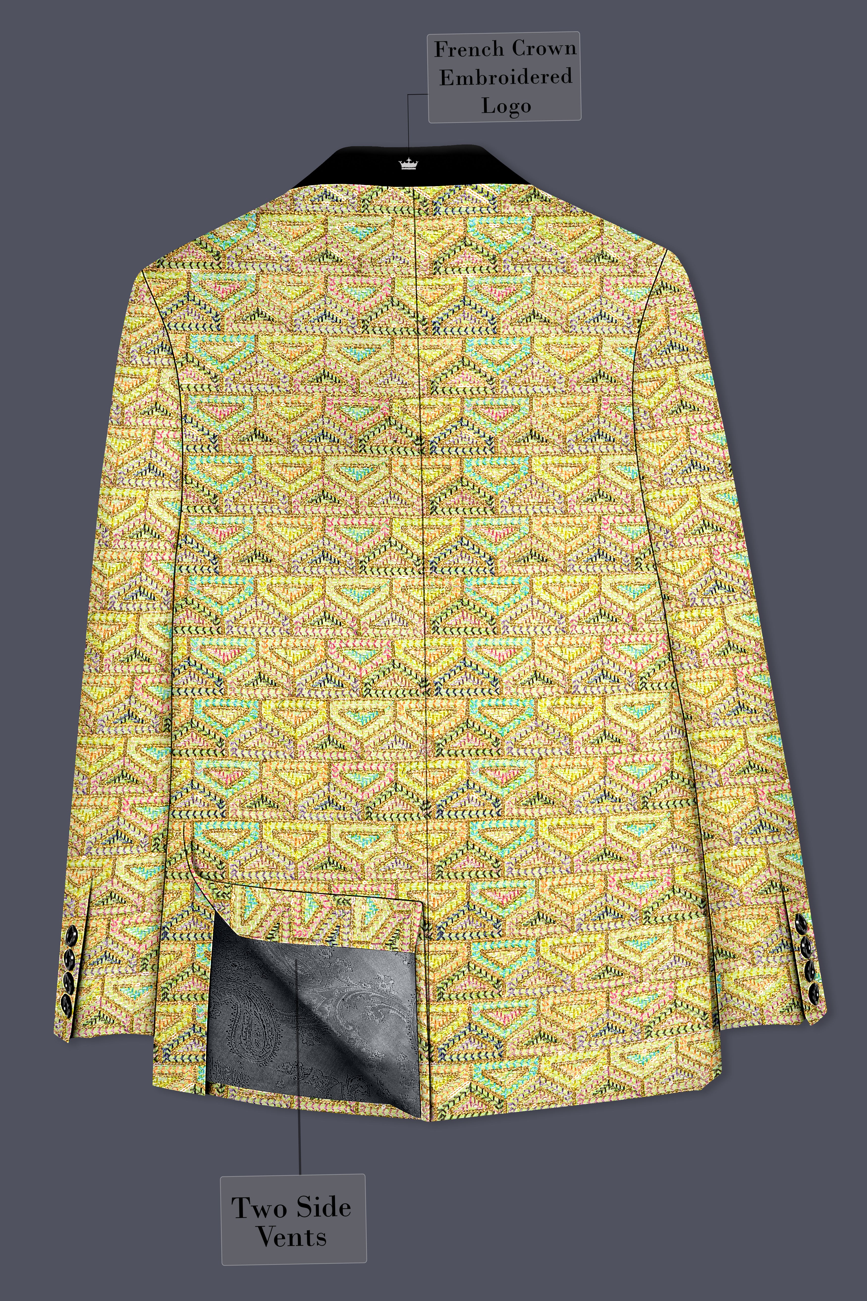 Flavora-Tacha Yellow and Charm Pink Geometric Cotton Thread Embroidered Designer Suit
