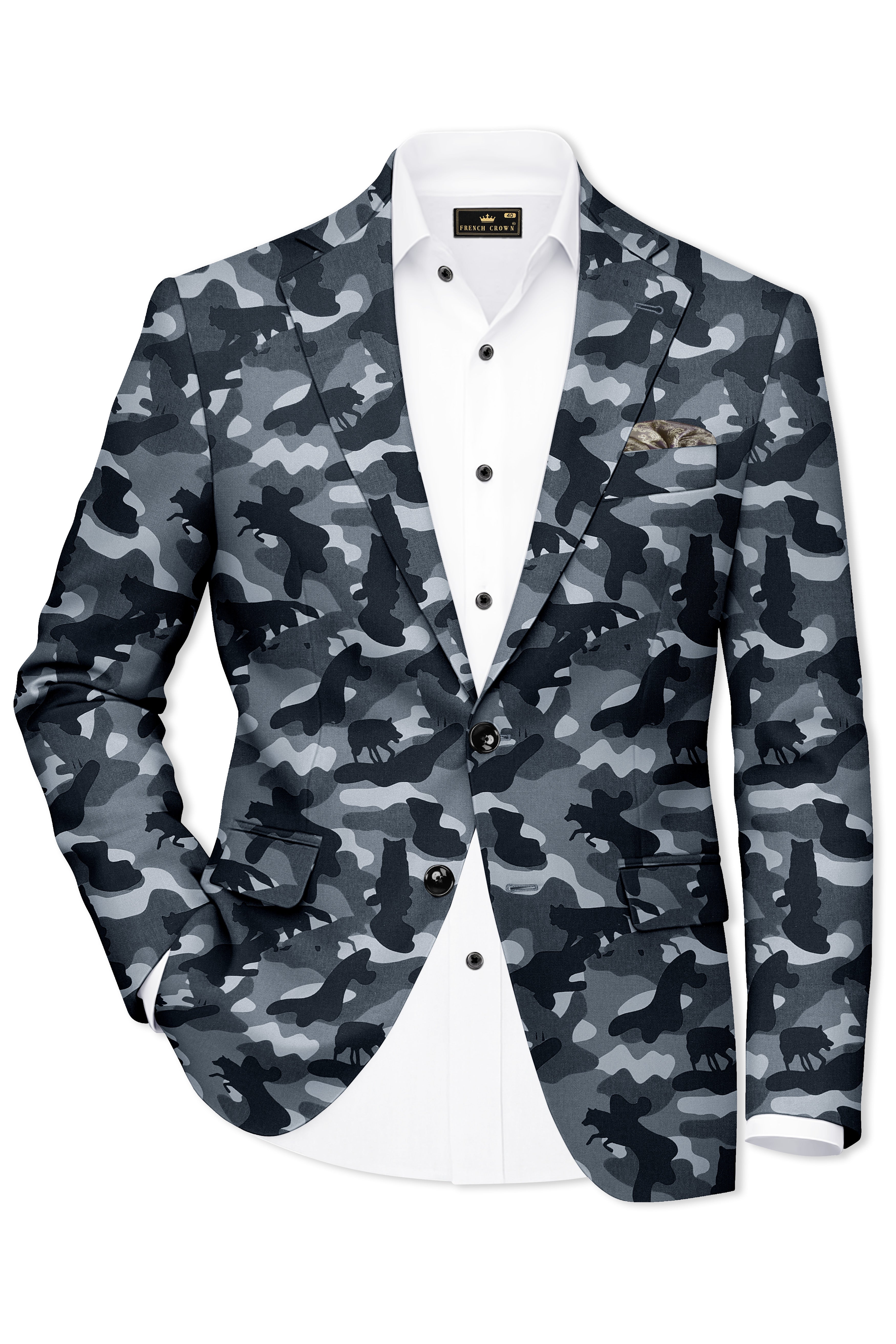 Obscaro-Carbon Gray And Cinder Black Camouflage Printed Cotton Single Breasted Suit