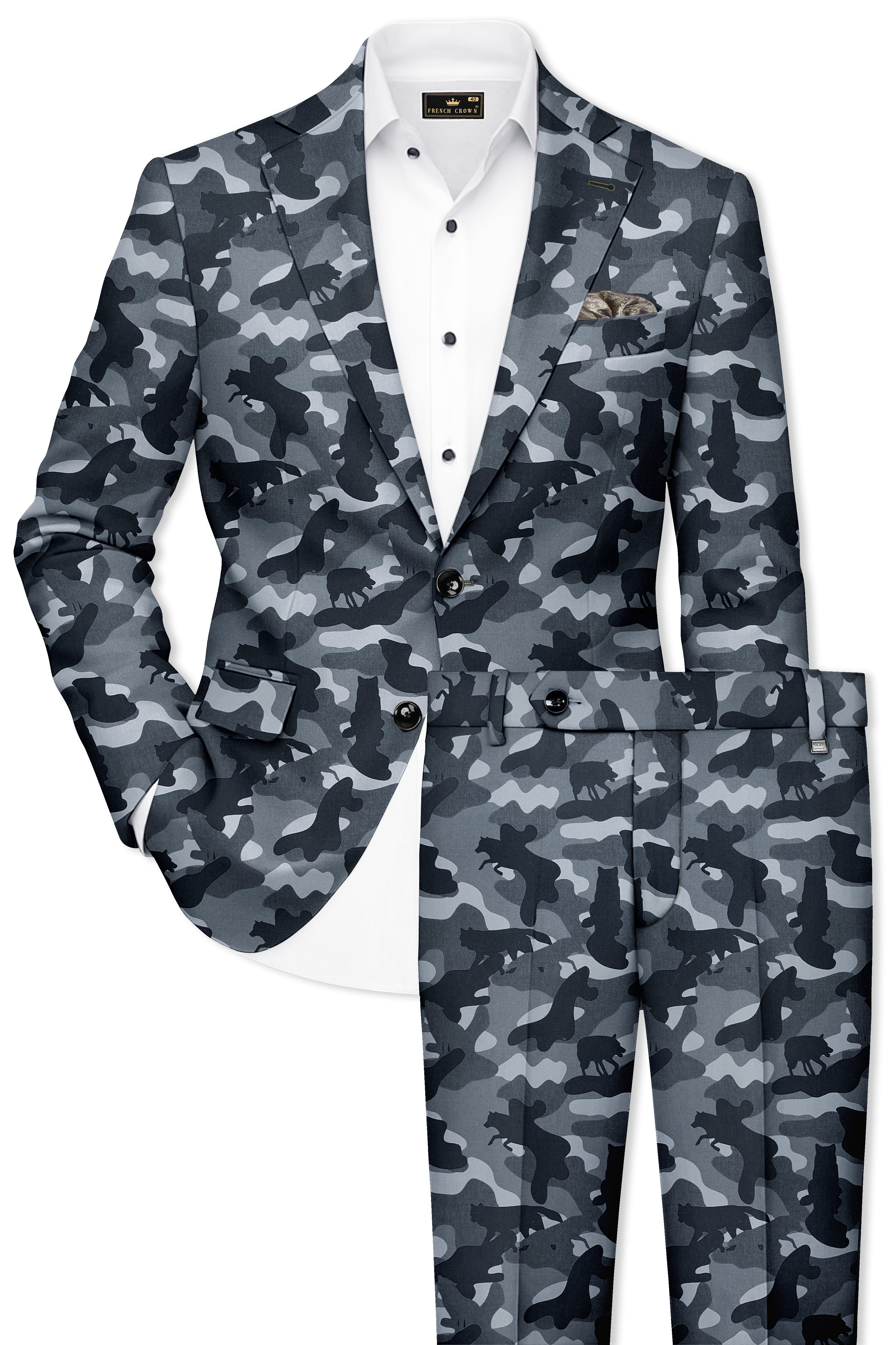 Obscaro-Carbon Gray And Cinder Black Camouflage Printed Cotton Single Breasted Suit
