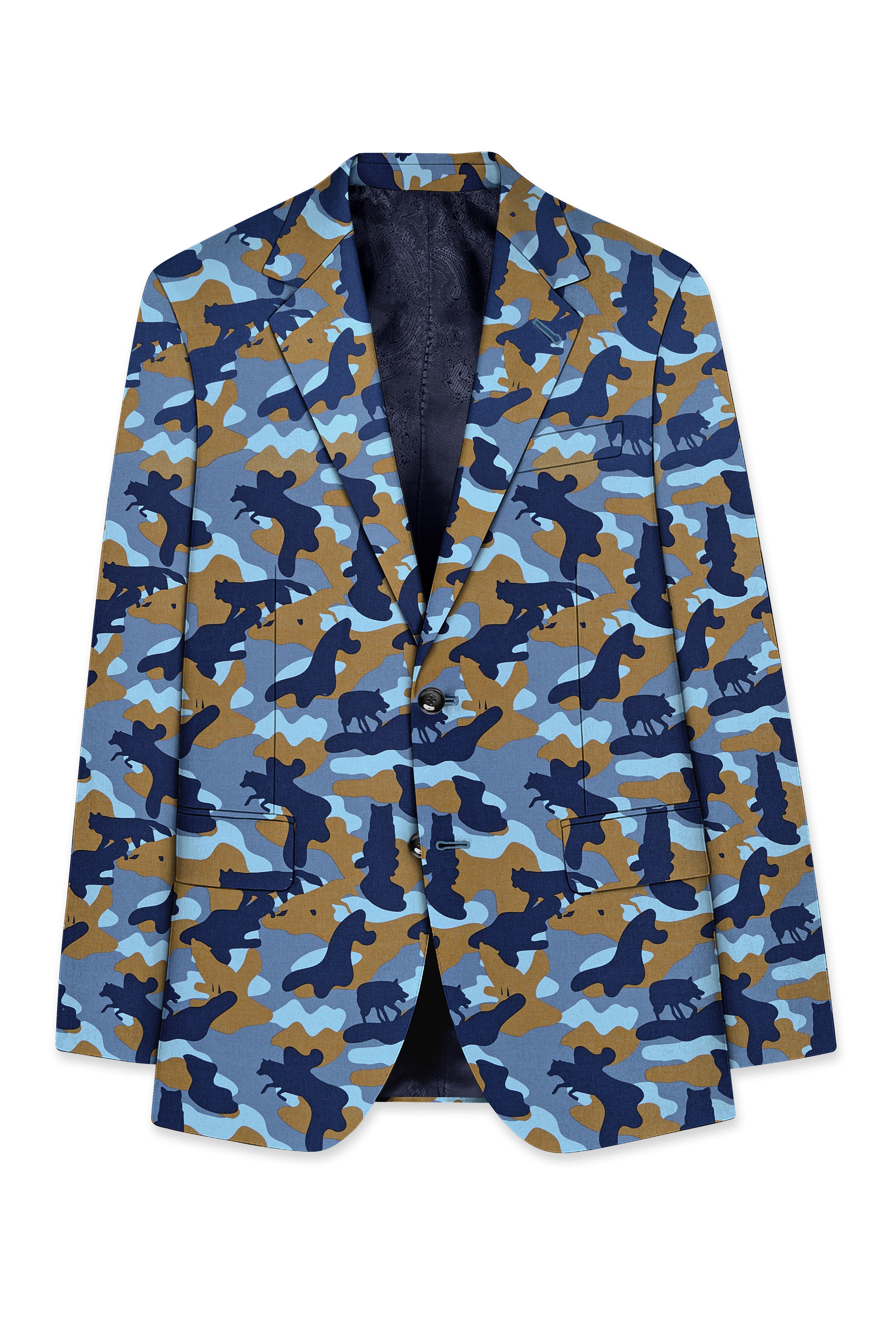 Bluvoro-Martinique Blue And Irish Brown Camouflage Printed Single Breasted Suit