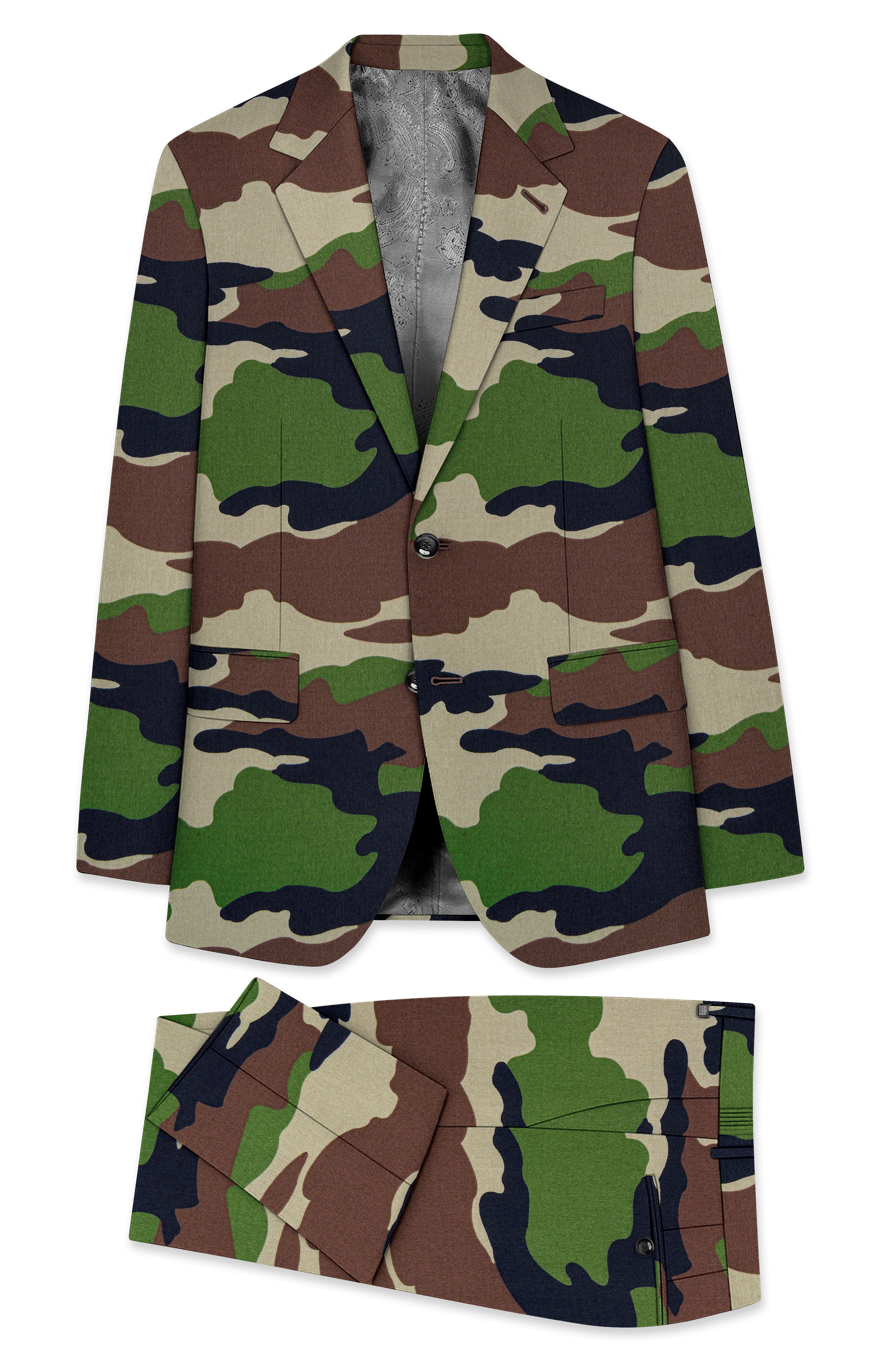 Aurever-Beaver Brown and Finch Green Camouflage Printed Premium Cotton Single Breasted Suit