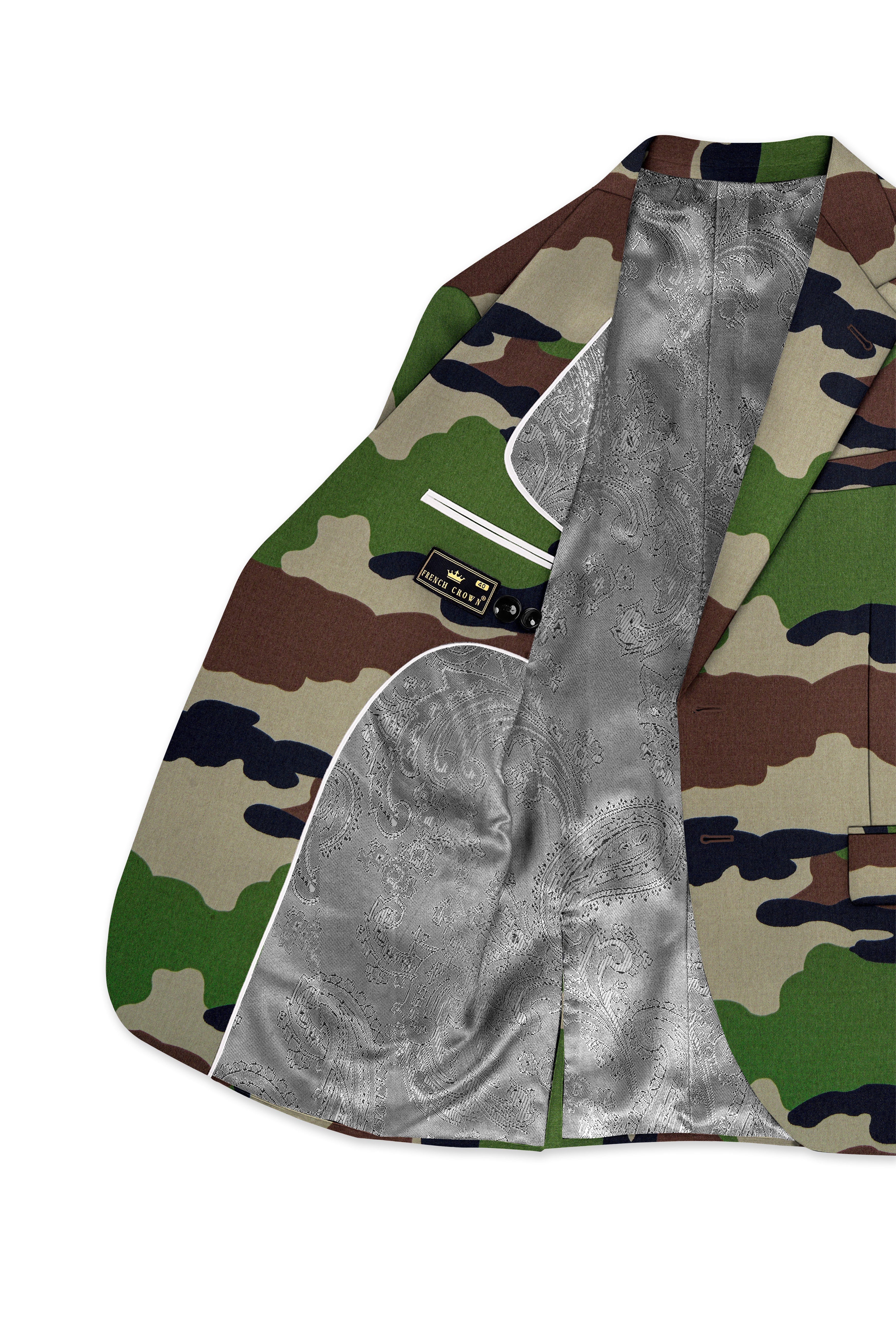 Aurever-Beaver Brown and Finch Green Camouflage Printed Premium Cotton Single Breasted Suit