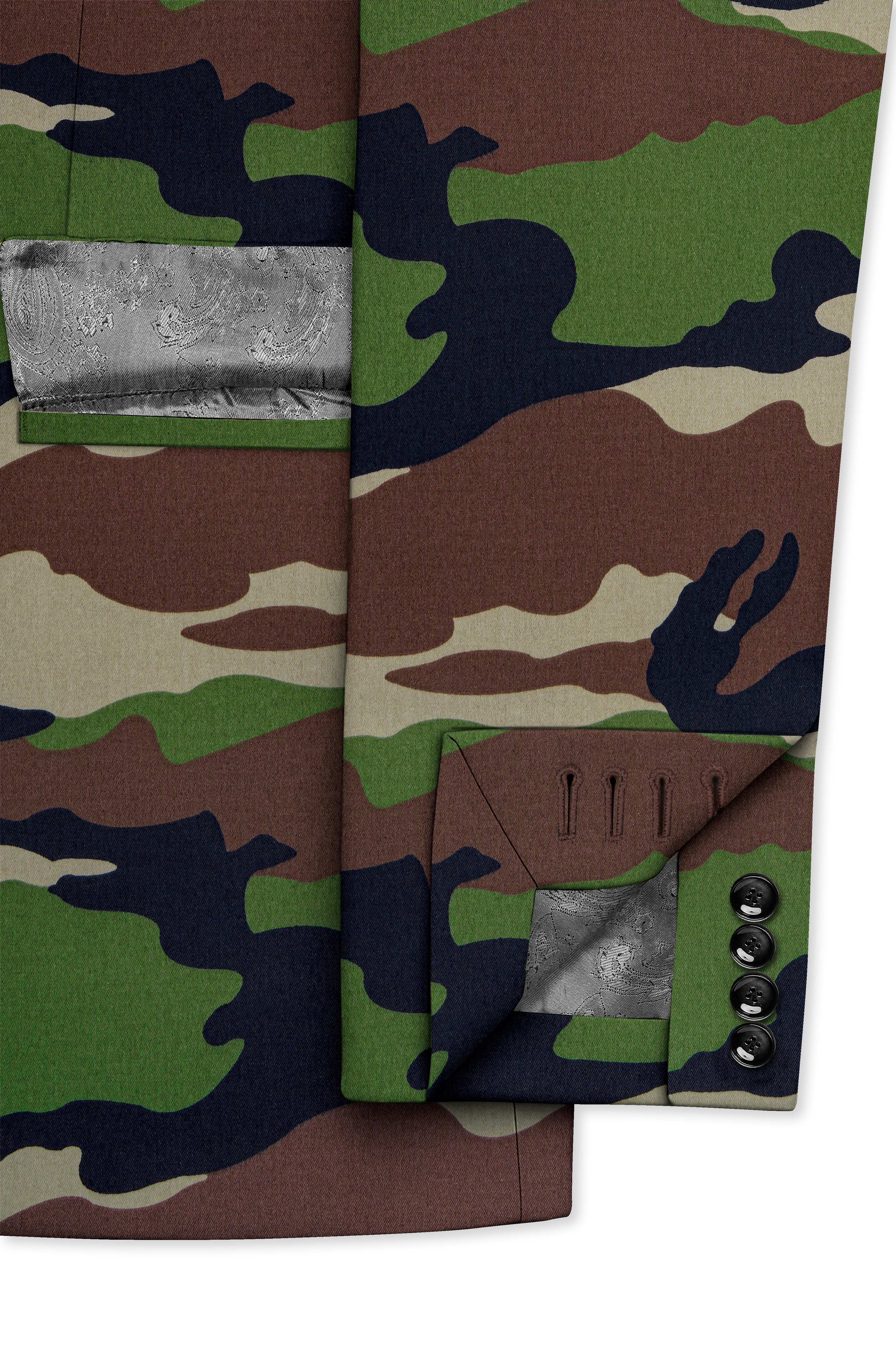 Aurever-Beaver Brown and Finch Green Camouflage Printed Premium Cotton Single Breasted Suit