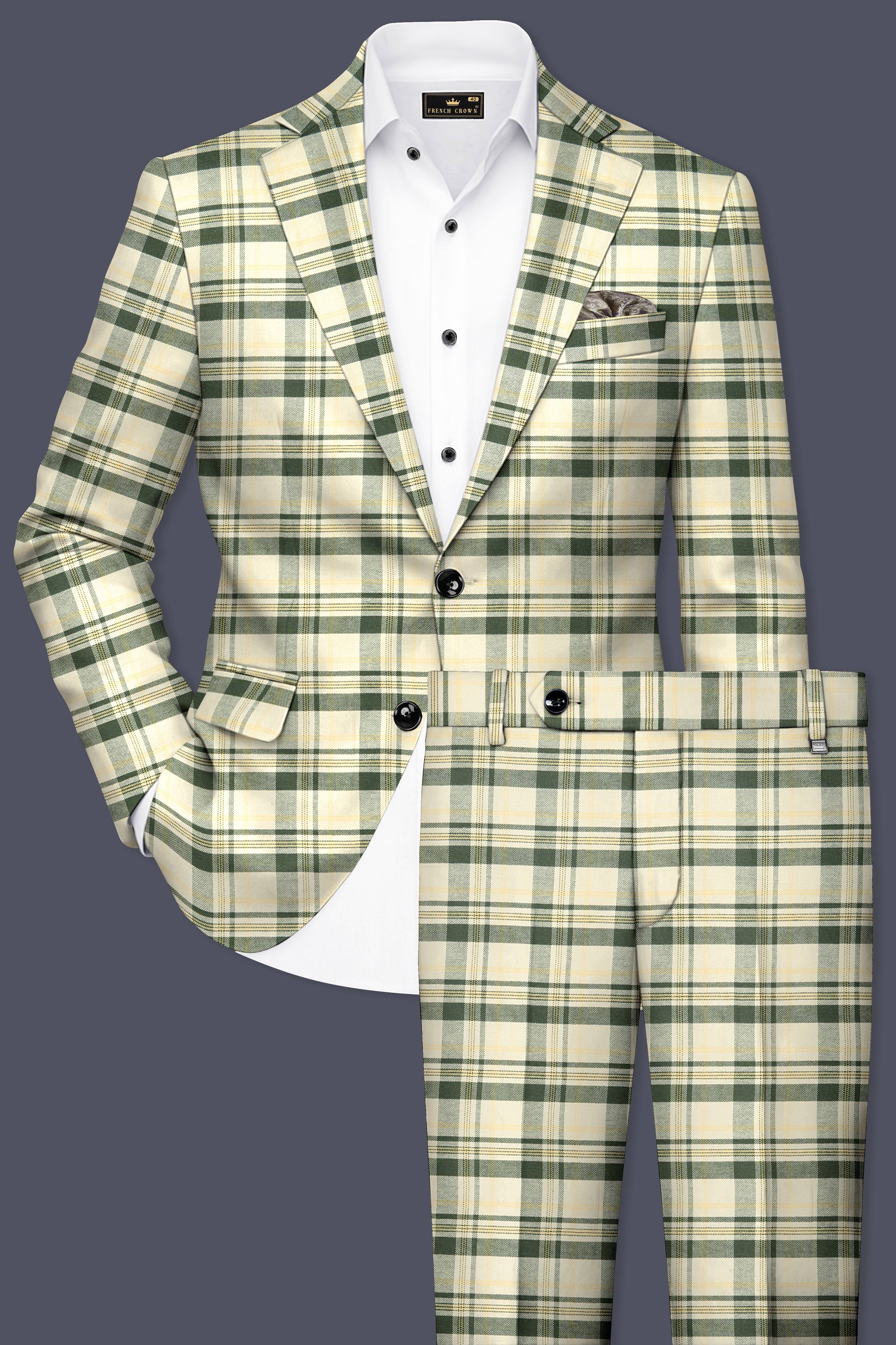 Swivoro-Swizzle Cream And Rangitoto Green Plaid Premium Cotton Single Breasted Suit