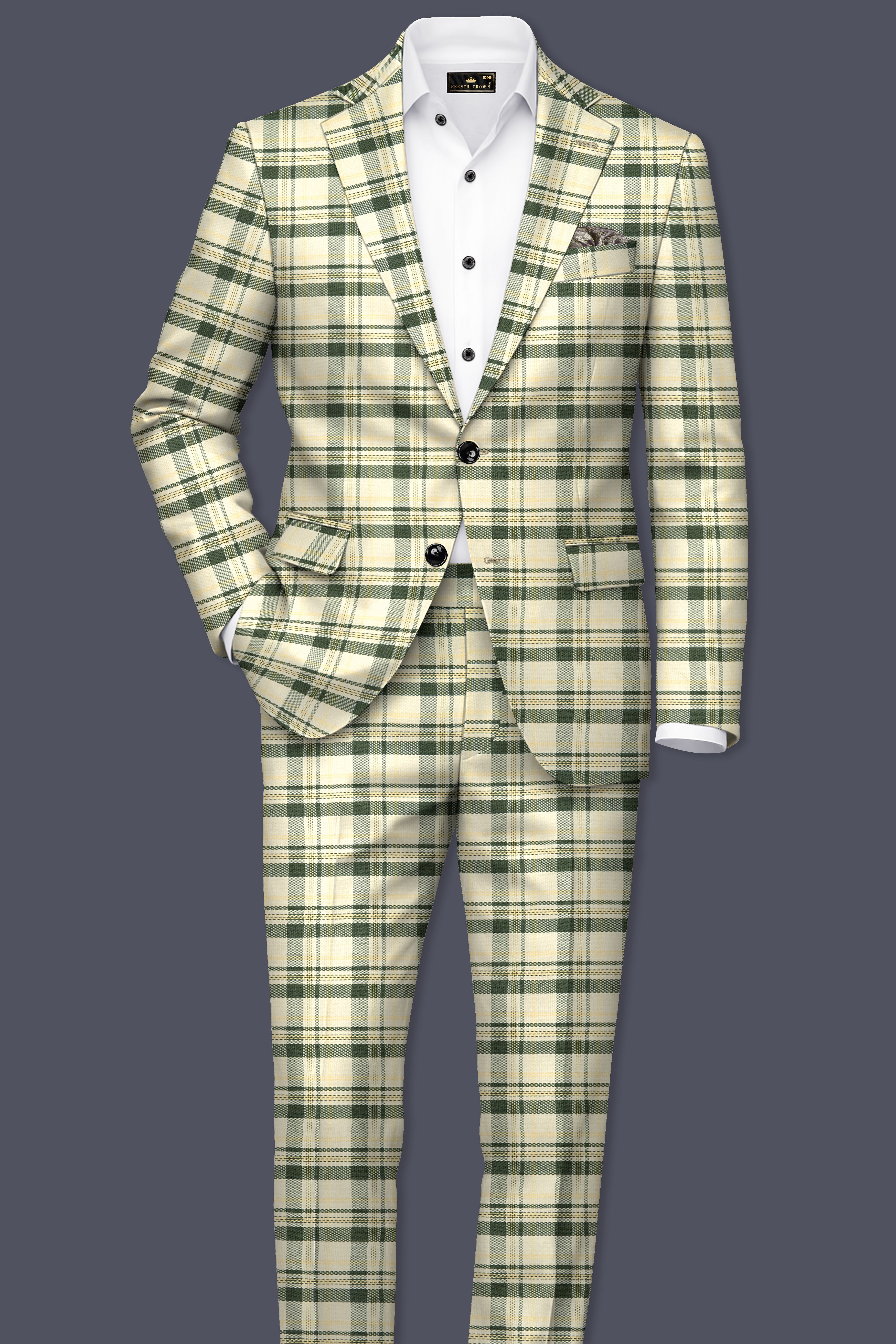 Swivoro-Swizzle Cream And Rangitoto Green Plaid Premium Cotton Single Breasted Suit
