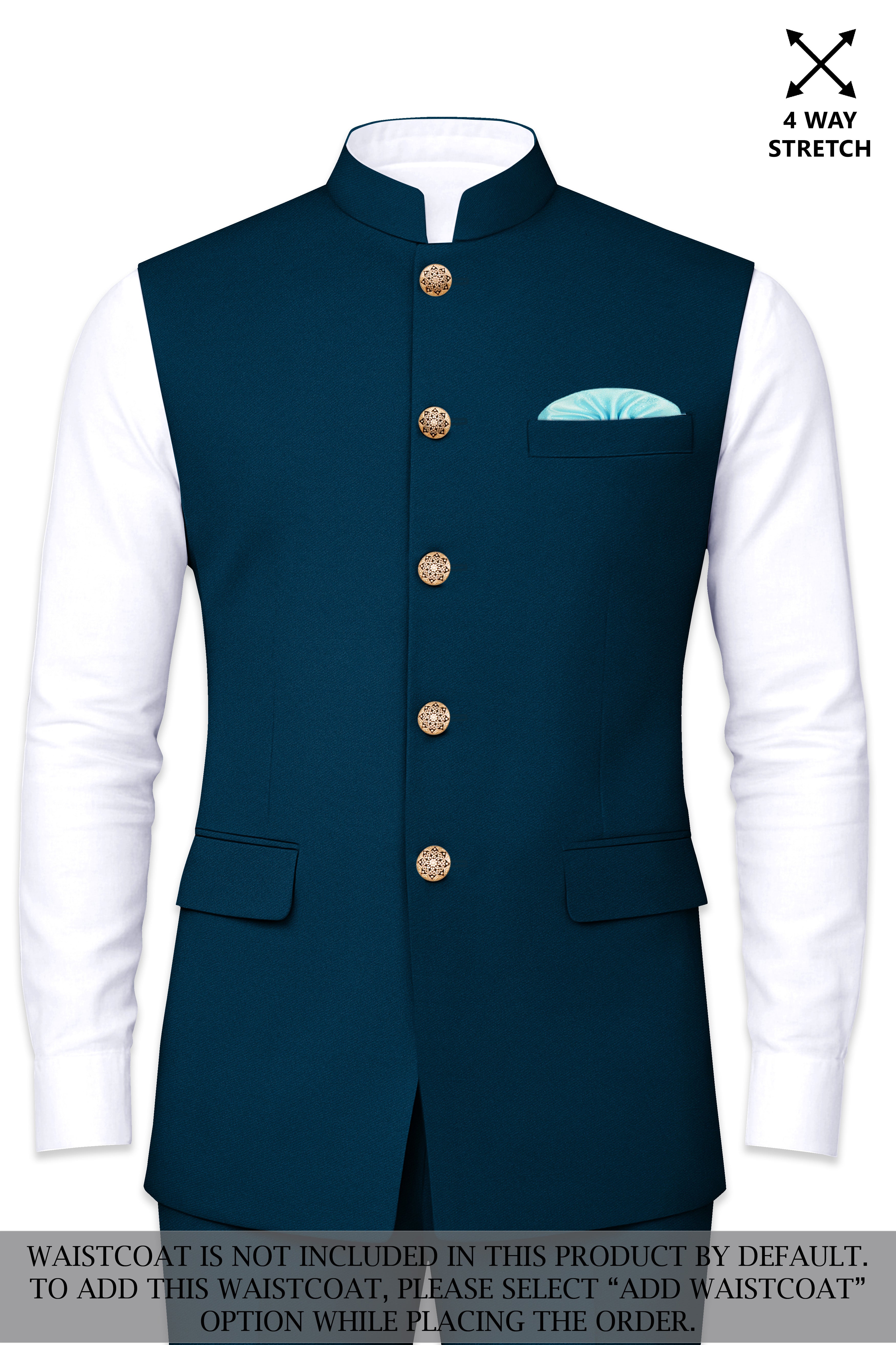 Aureblu-Korean Prussian Blue 4-Way Stretch Wrinkle-Free Wool Rich Bandhgala Suit