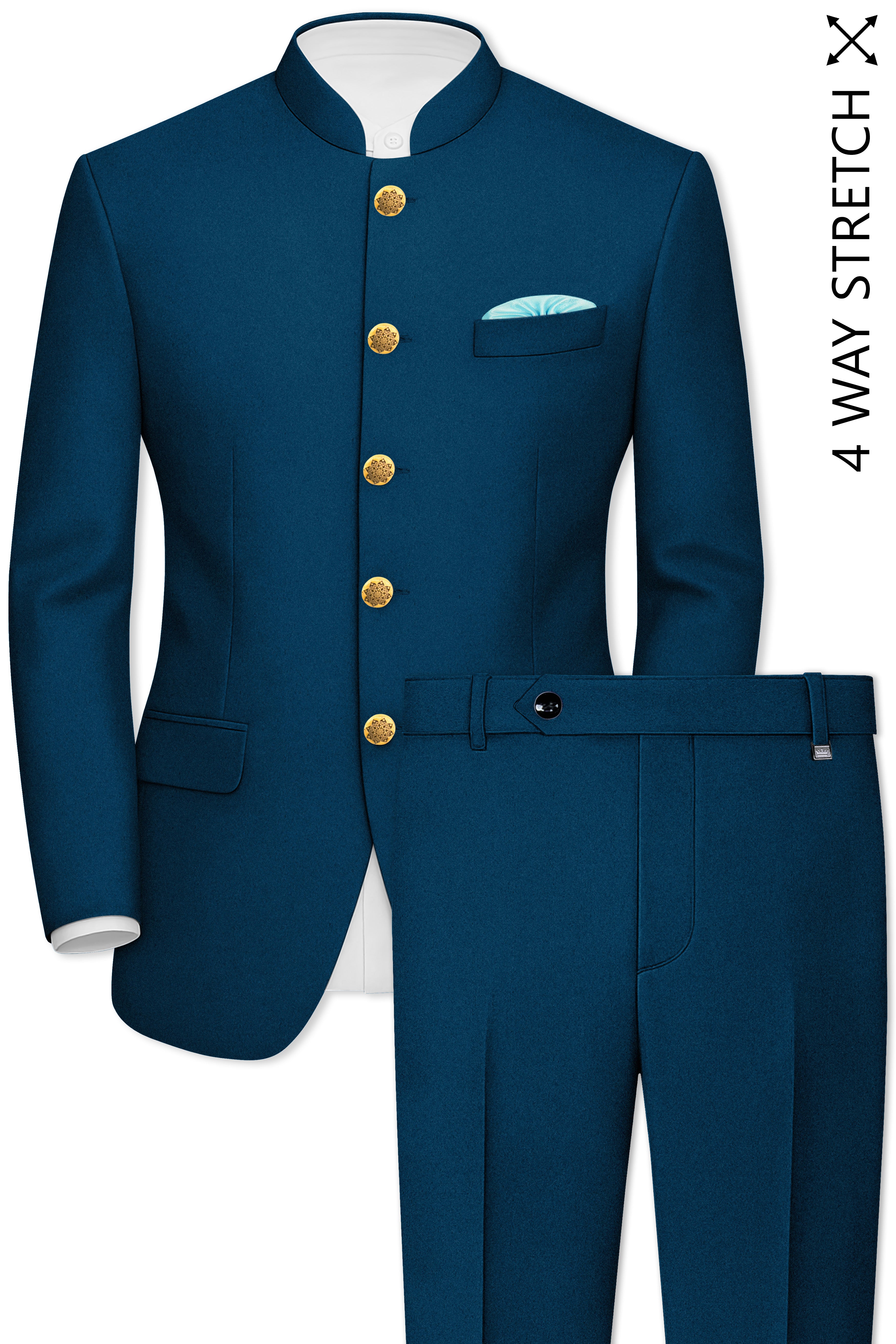 Aureblu-Korean Prussian Blue 4-Way Stretch Wool Rich Bandhgala Suit