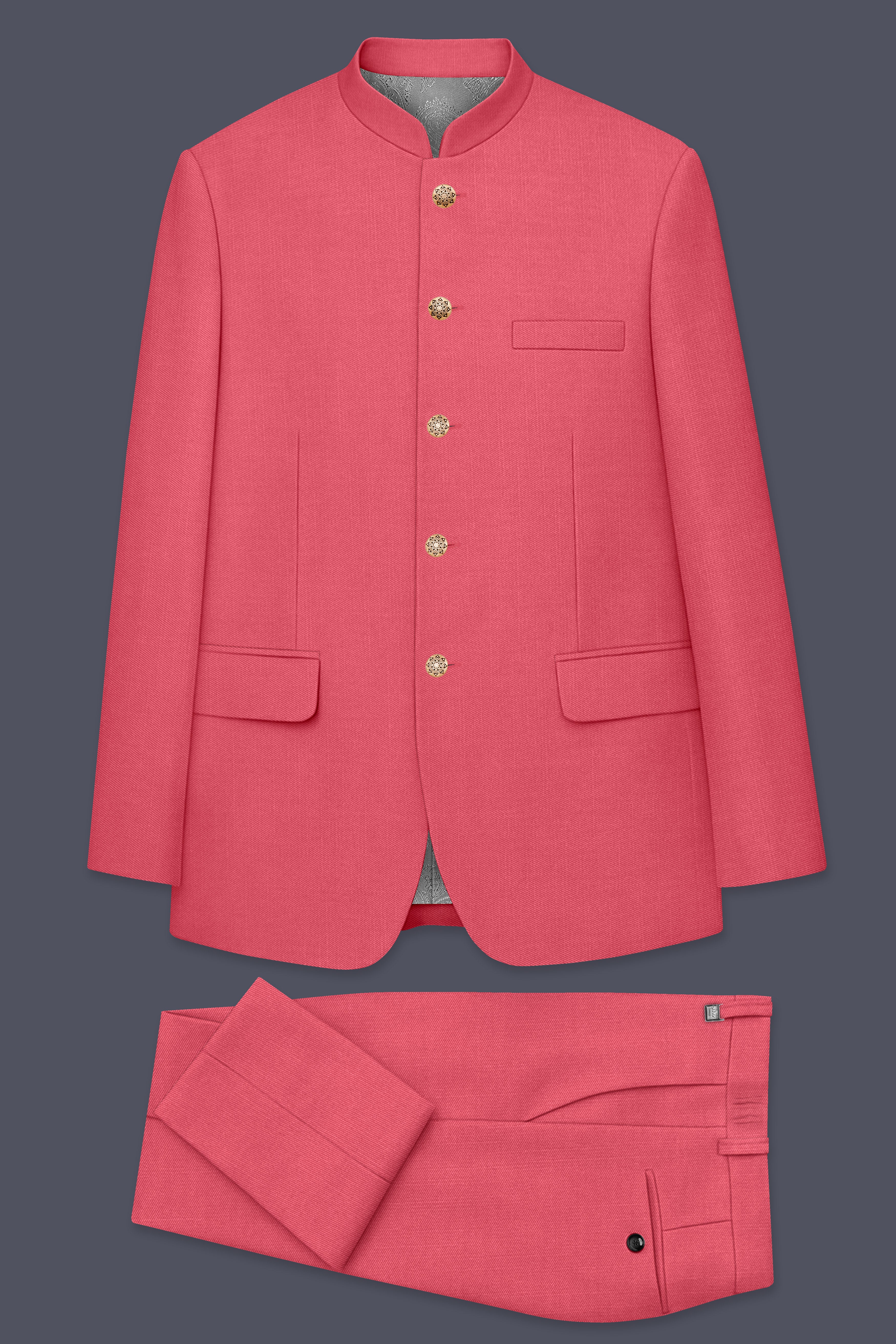 Aurerosa-Roman Pink Wool Rich Bandhgala Slight Stretch Suit