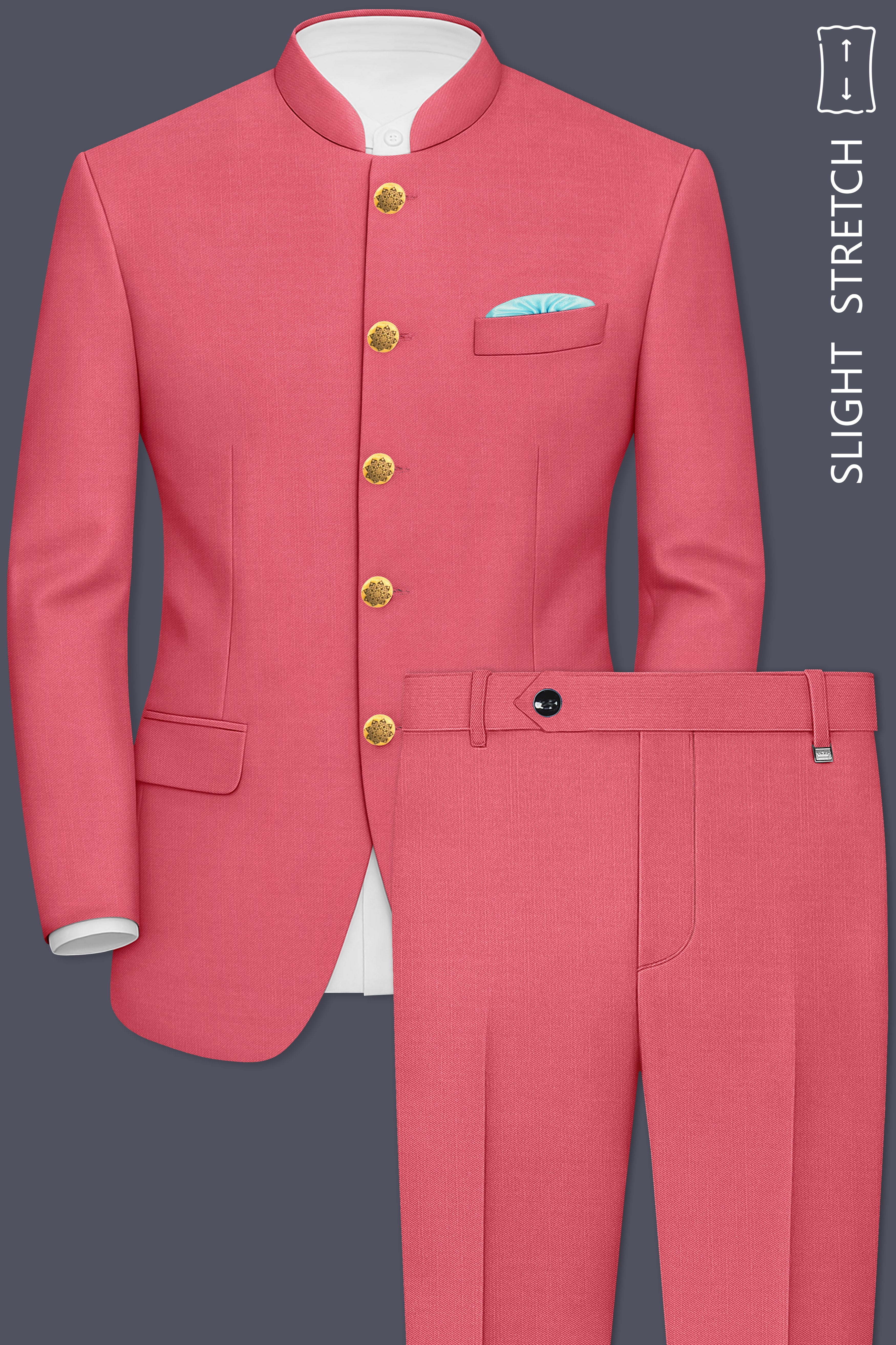 Aurerosa-Roman Pink Wool Rich Bandhgala Slight Stretch Suit