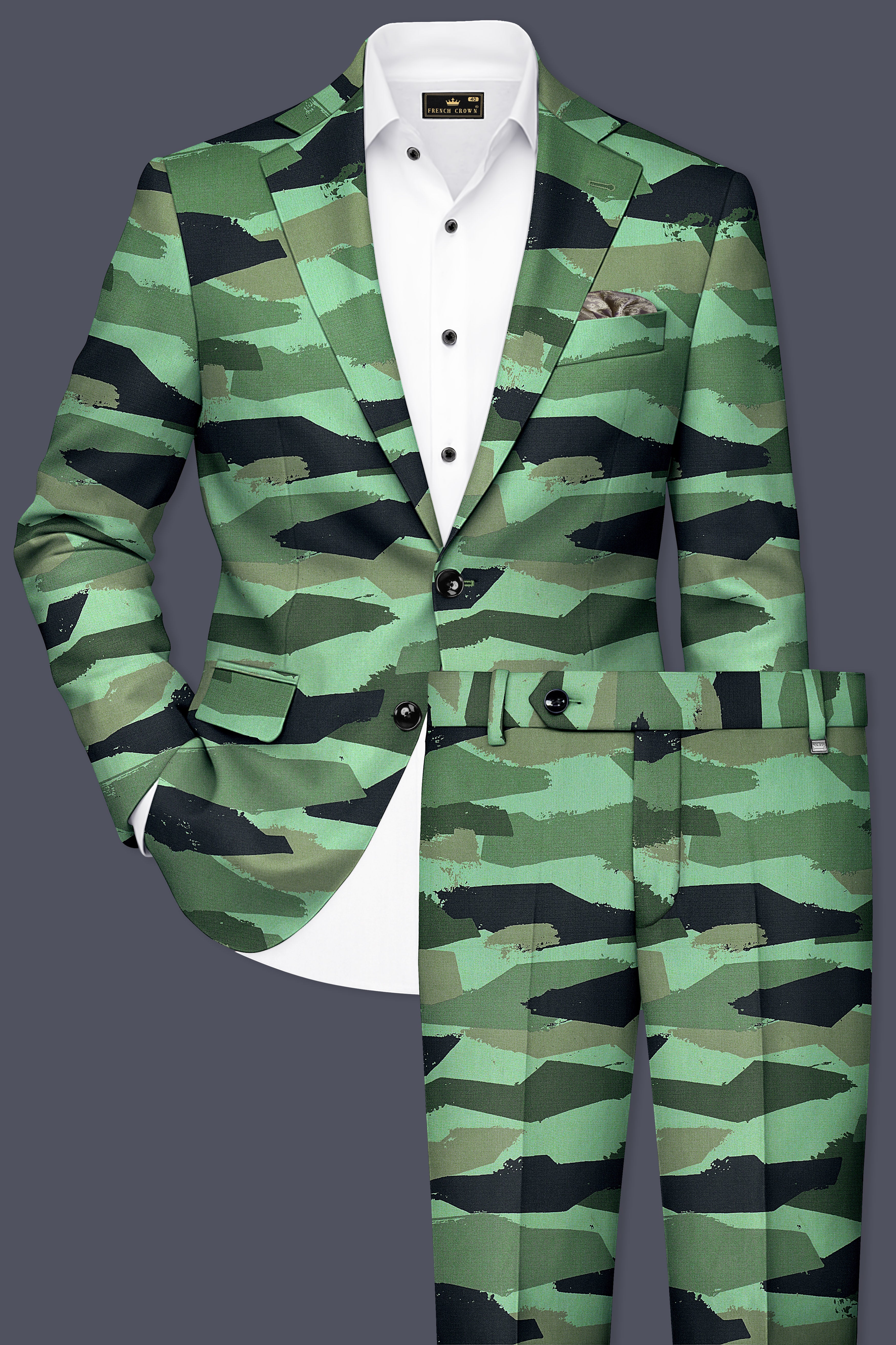 Verdvoro-Pale Green And Firefly Blue Camouflage Printed Premium Cotton Single Breasted Suit